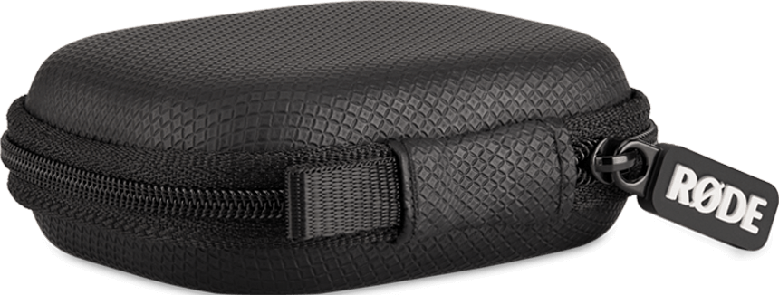 Une pochette zippée noire texturée avec le logo RØDE.