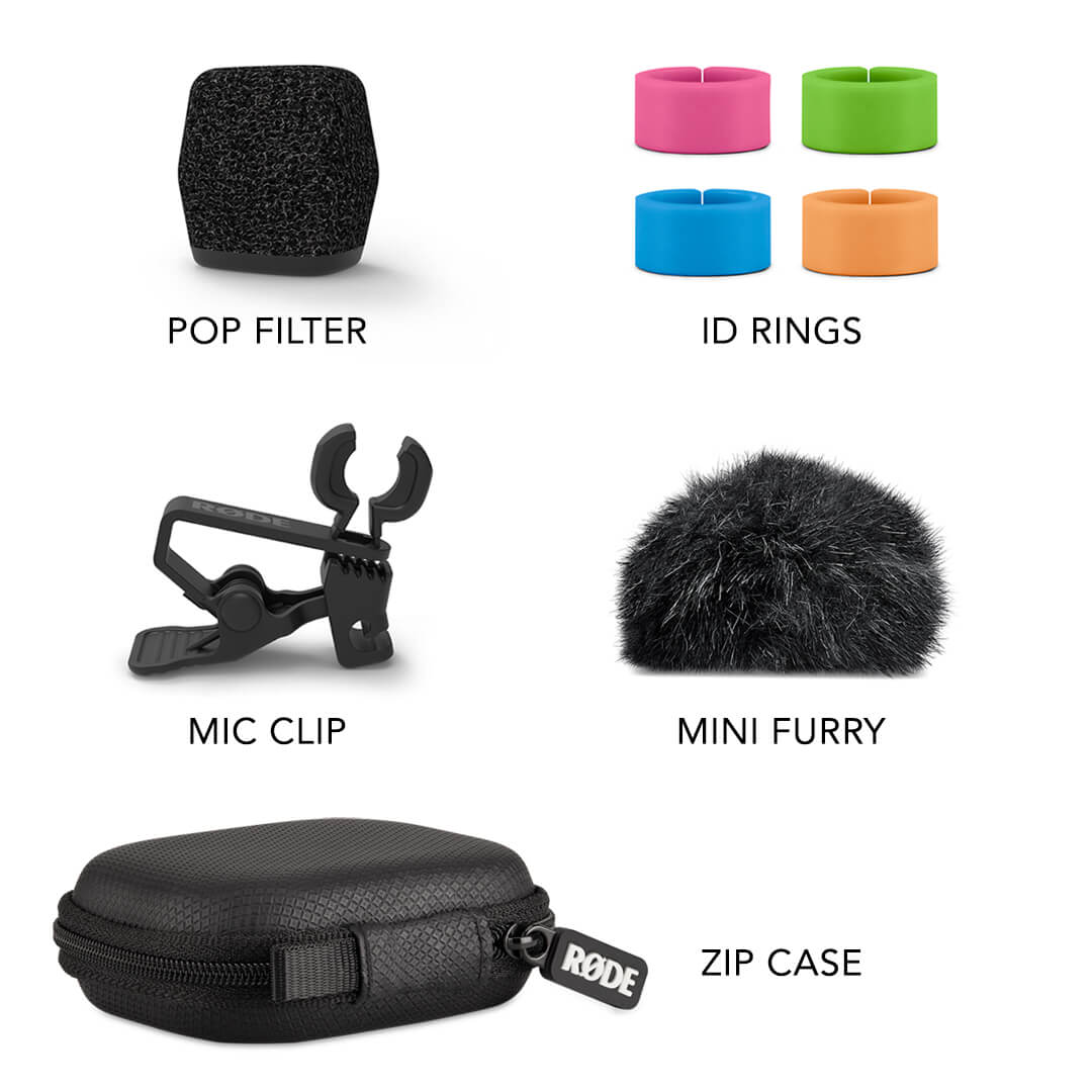 Un filtre anti-pop, des bagues d'identification colorées, une pince micro, un mini furry et une pochette.