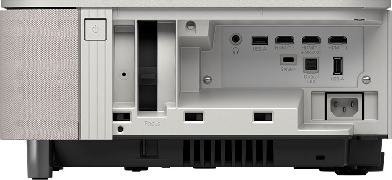 Pannello posteriore di un proiettore bianco con porte di alimentazione, USB-A, HDMI, servizio e uscita ottica.