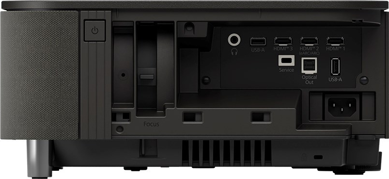 Retro di proiettore nero con porte: USB, HDMI, Servizio, Uscita Ottica.