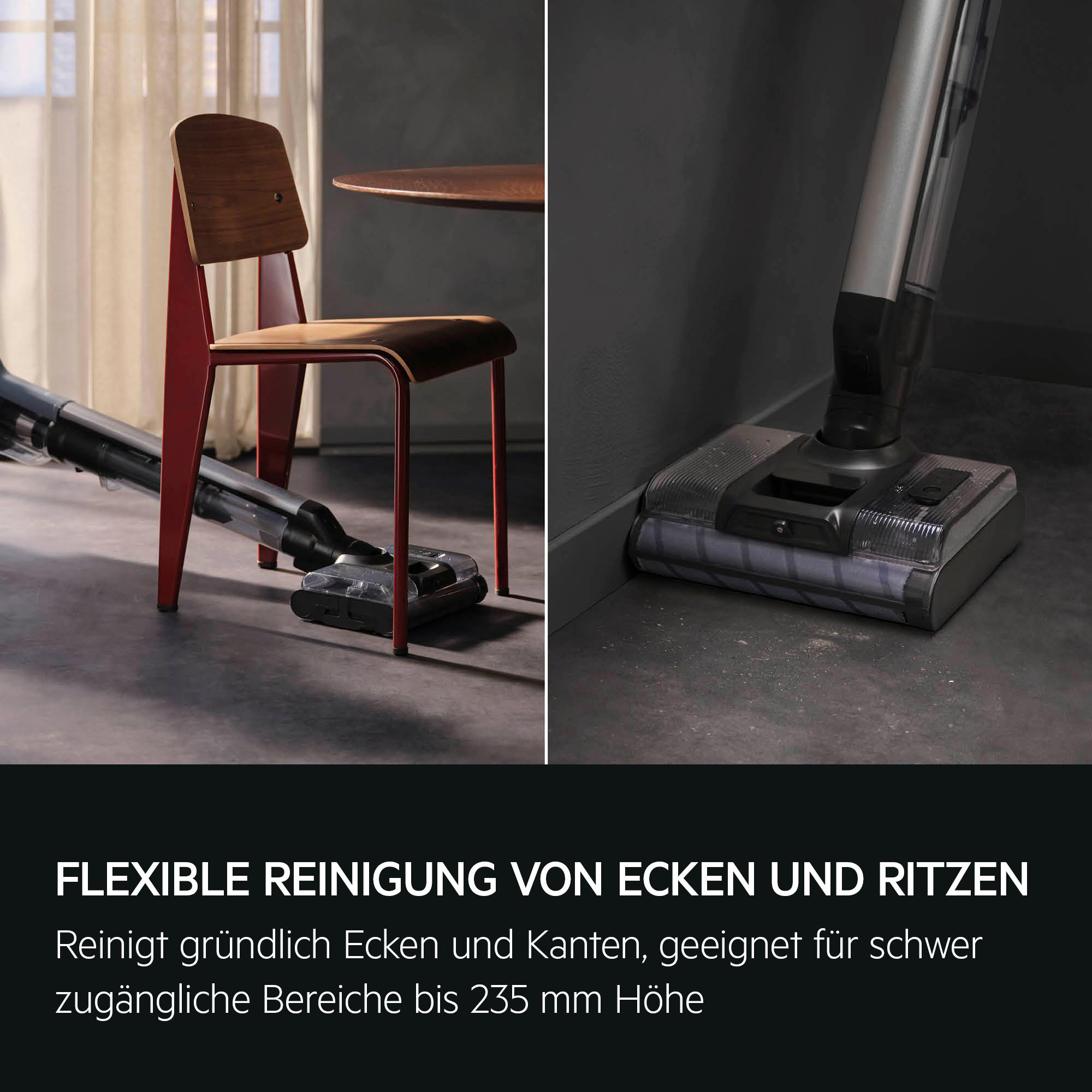 Ein Staubsauger reinigt unter einem Stuhl und an einer Wand.
