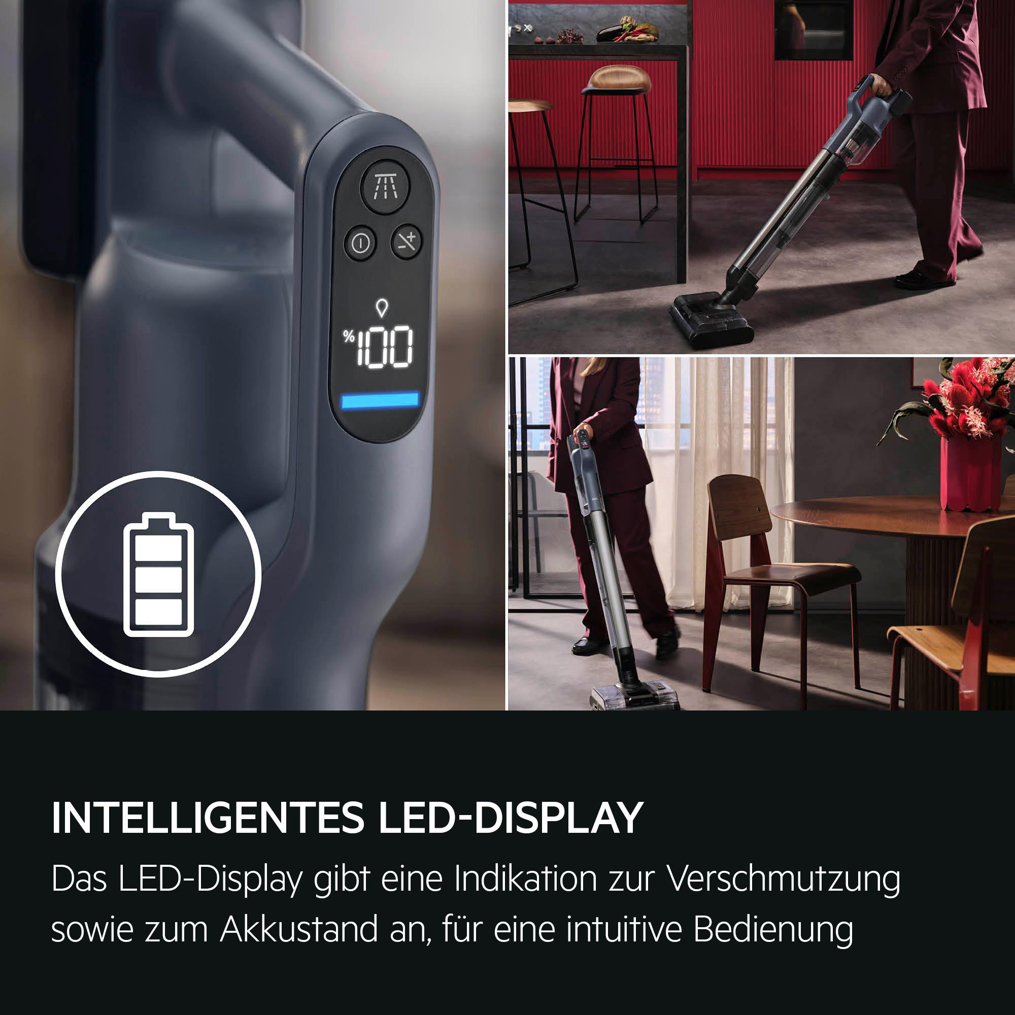 Kabelloser Staubsauger mit LED-Display zeigt 100% Akku und Reinigungsmodi.