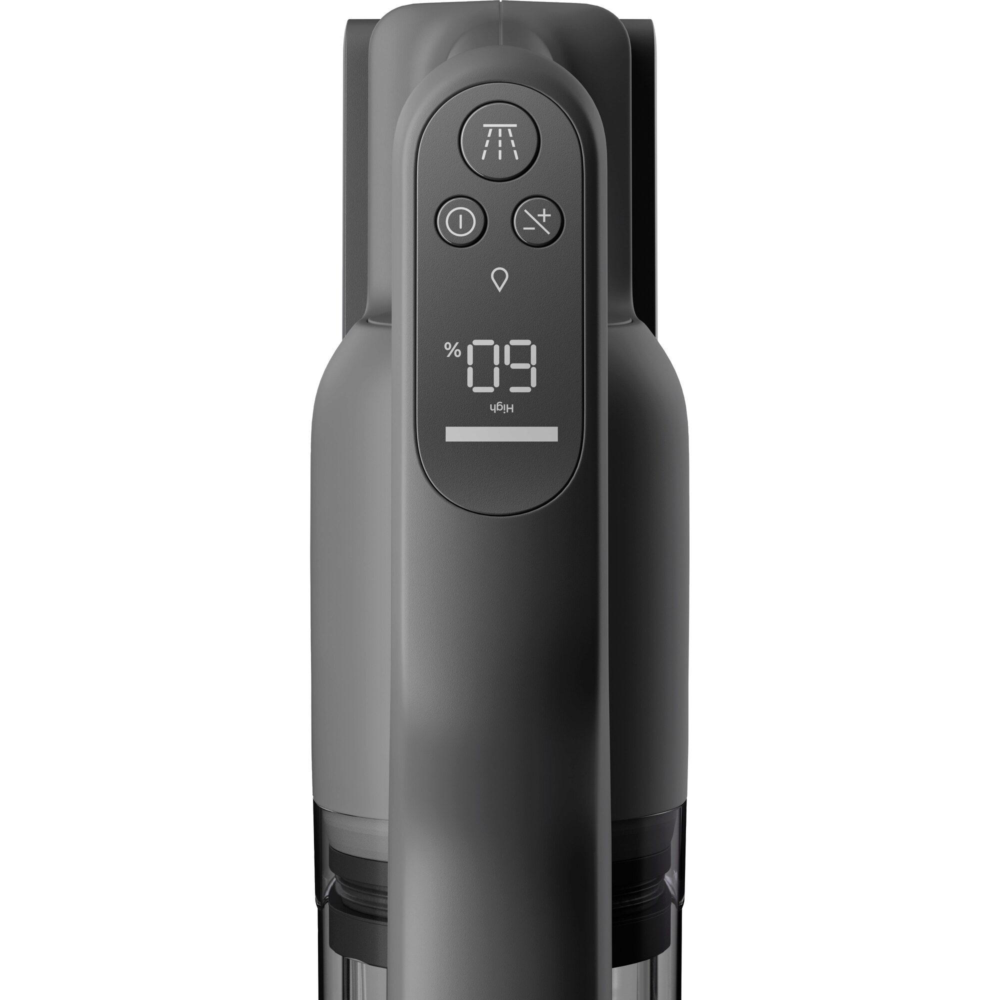 Grauer Handgriff eines Staubsaugers mit digitalem Display, das 60 % und 