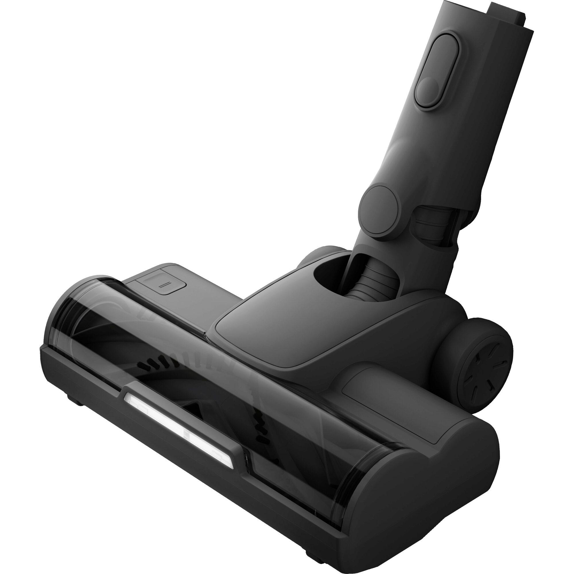 Schwarzer Staubsaugerkopf mit transparentem Behälter und LED-Licht.