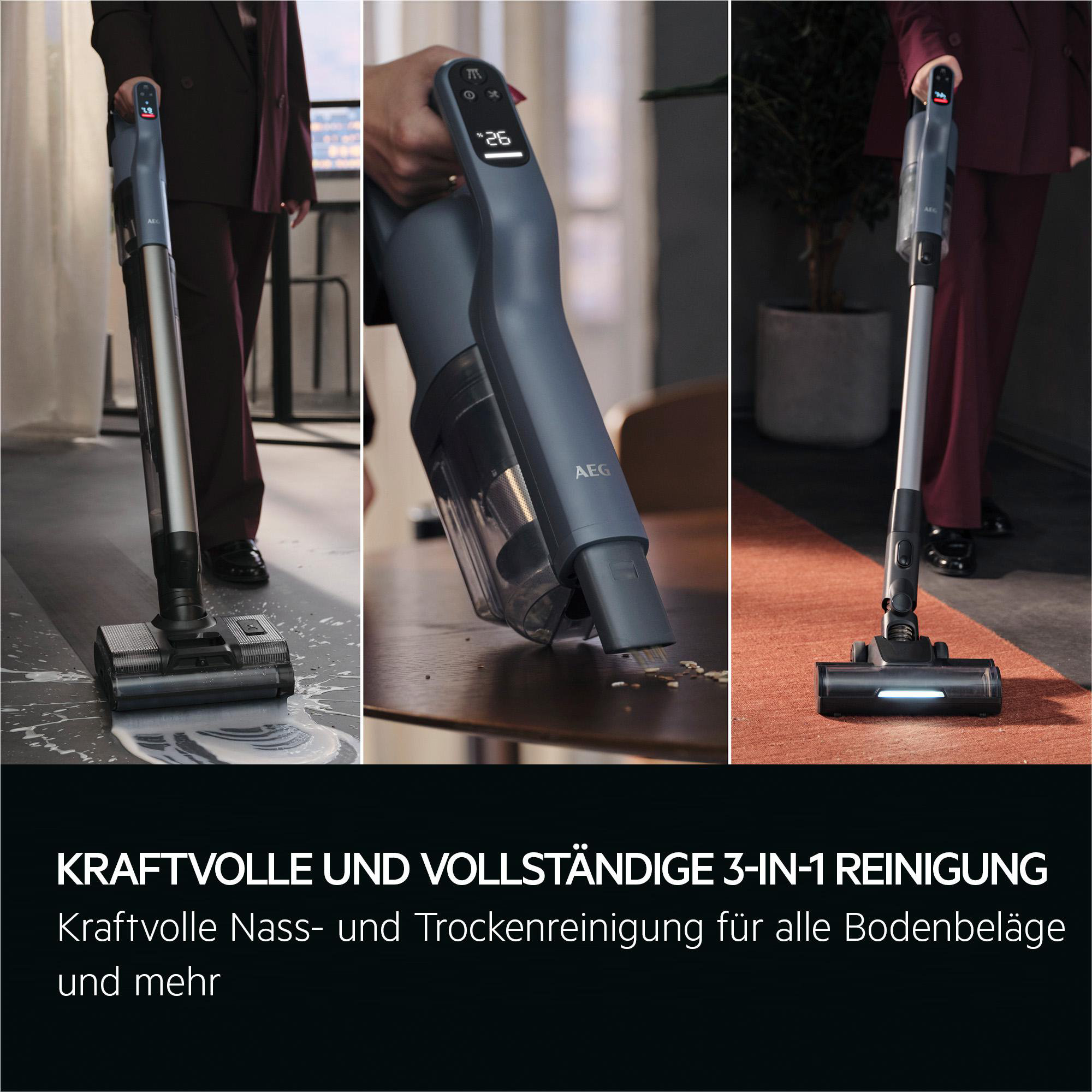 Ein AEG Nass- und Trockenstaubsauger wird auf verschiedenen Böden gezeigt.