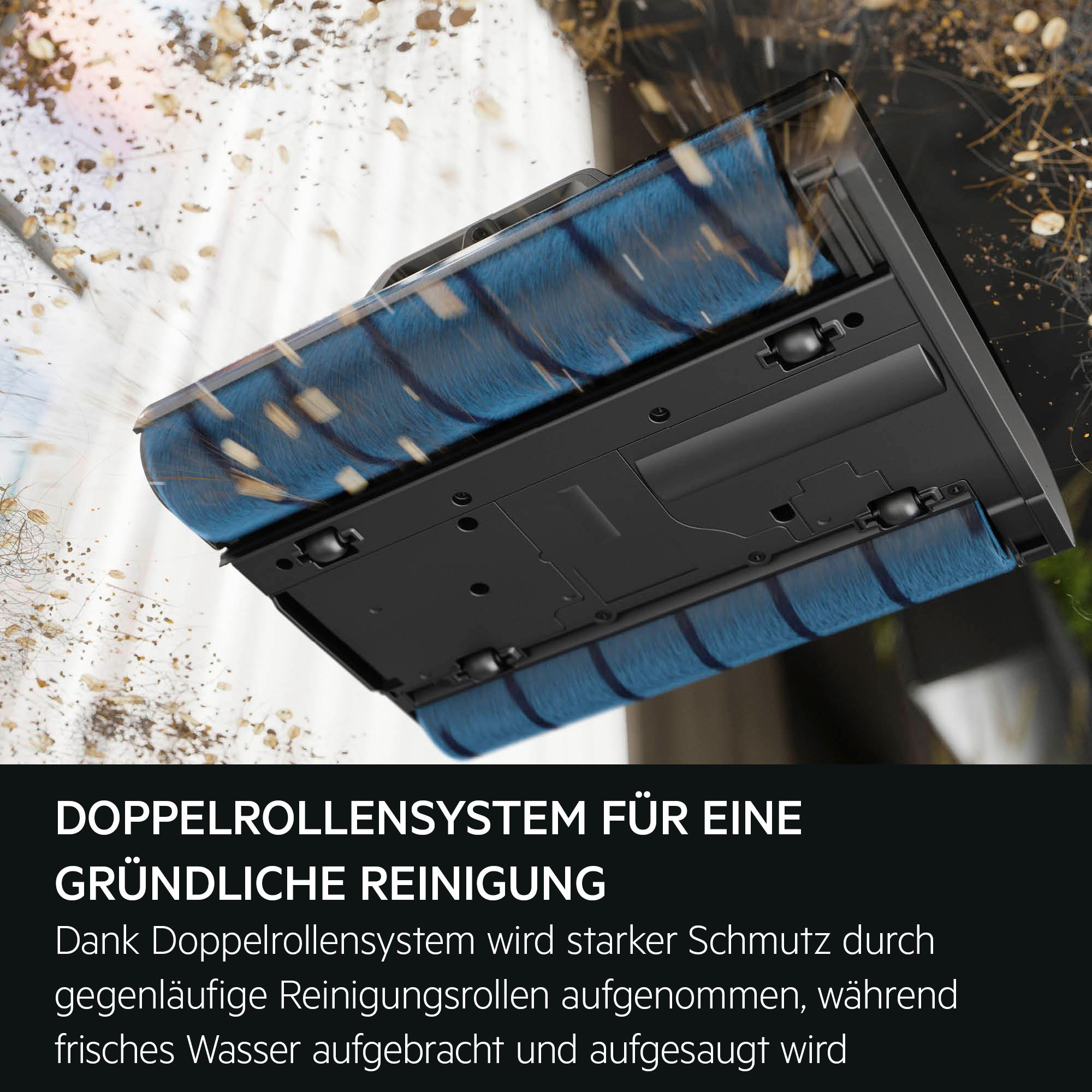 Reinigungsbürsten mit blauem Bezug nehmen Schmutz auf.