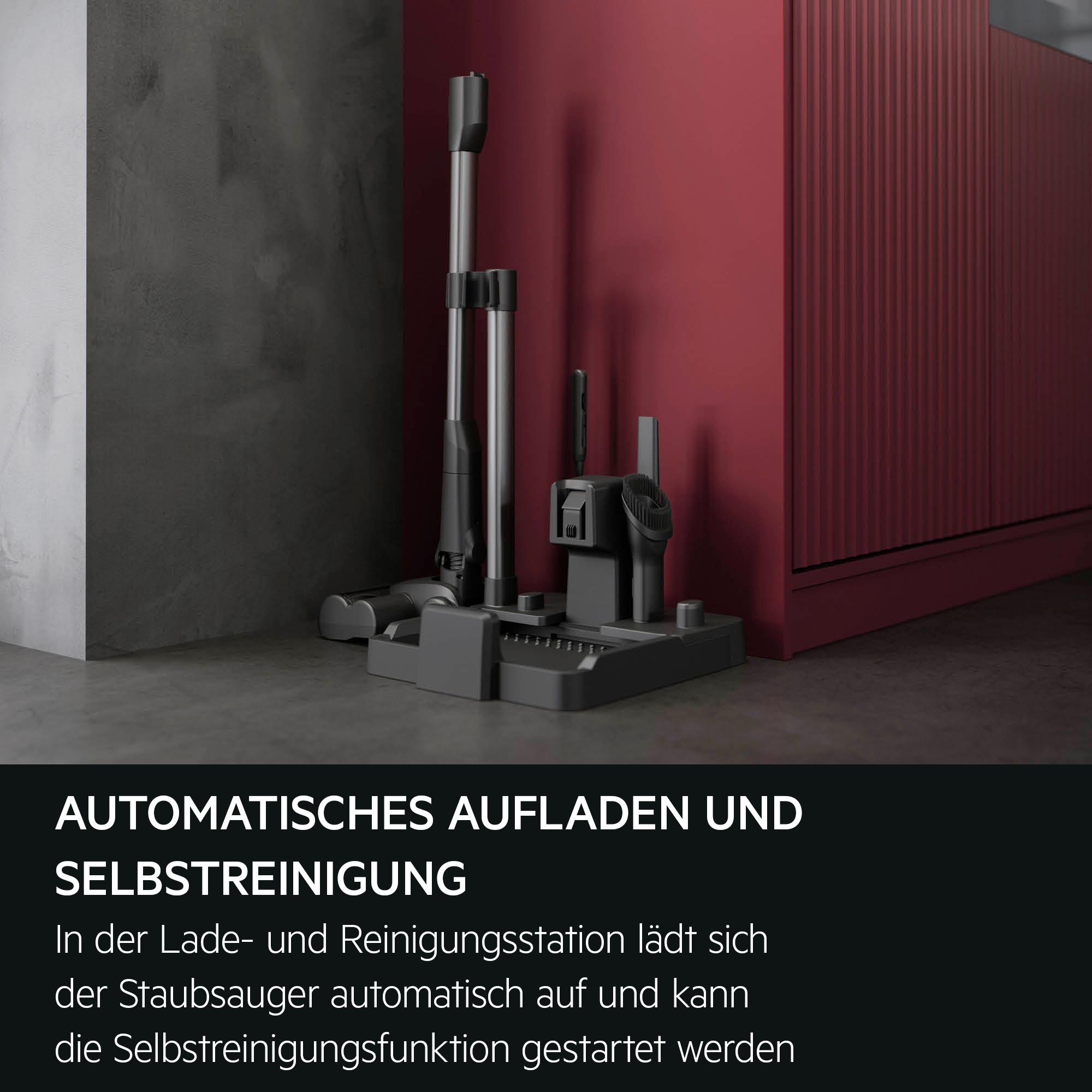 Grauer Staubsauger mit Ladestation vor roter Wand.