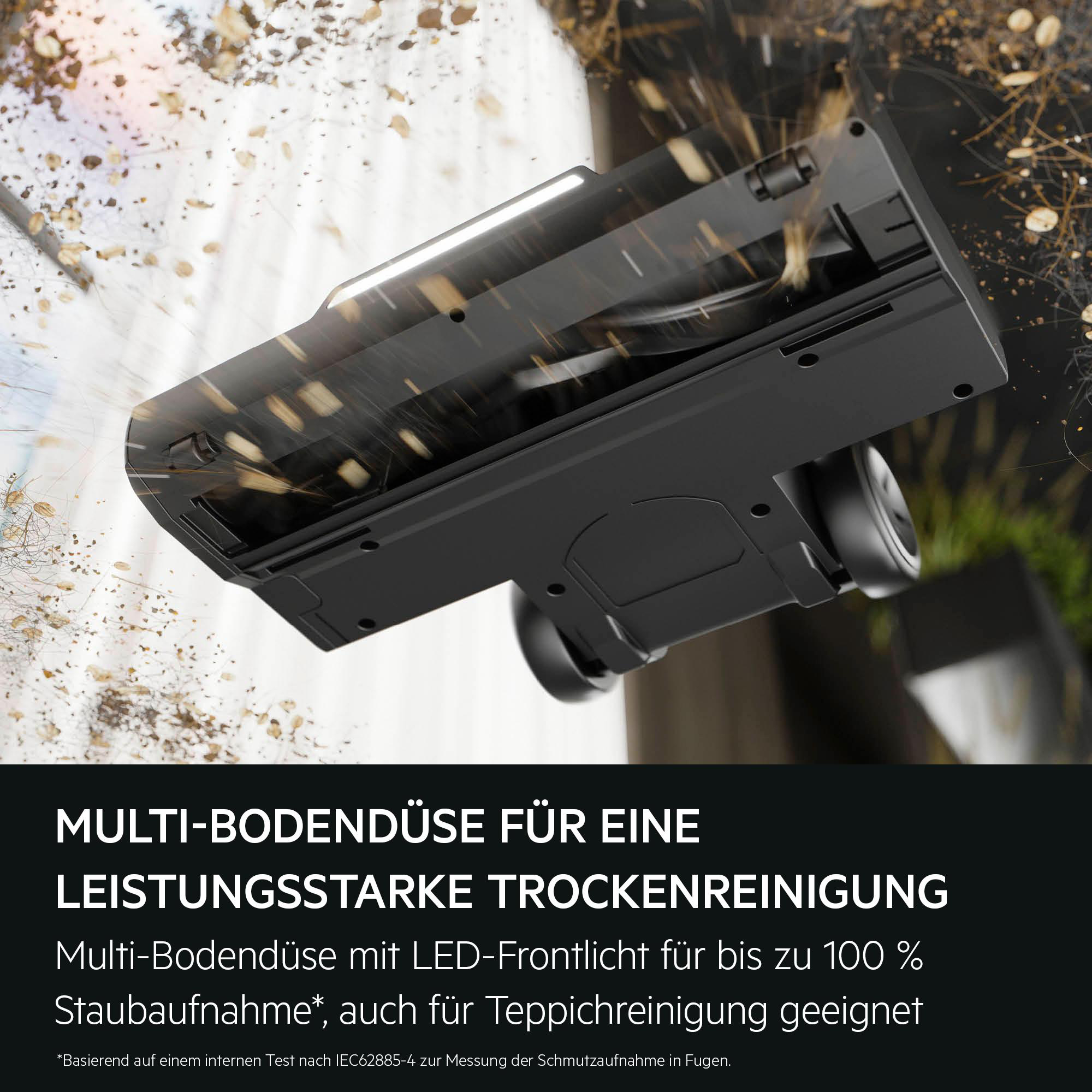 Schwarze Bodendüse mit LED-Licht saugt Schmutz und Blätter auf.
