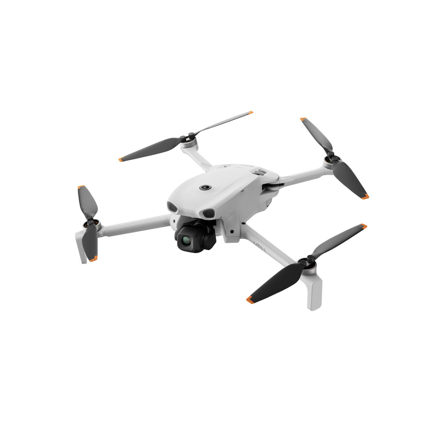 Un dron cuadricóptero blanco con cámara negra y acentos naranjas en las hélices.