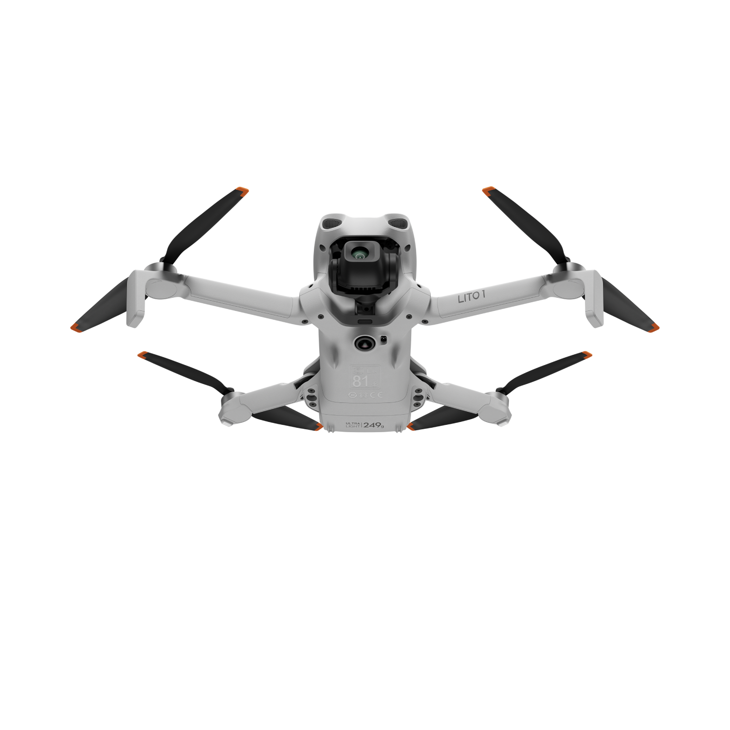 Un dron blanco con cuatro hélices y una cámara, sobre fondo negro.