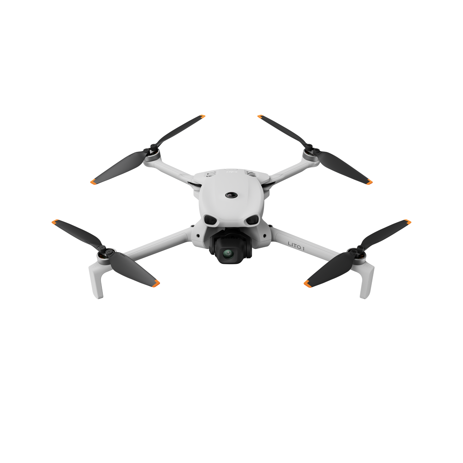 Un dron blanco con hélices negras y puntas naranjas, aislado.