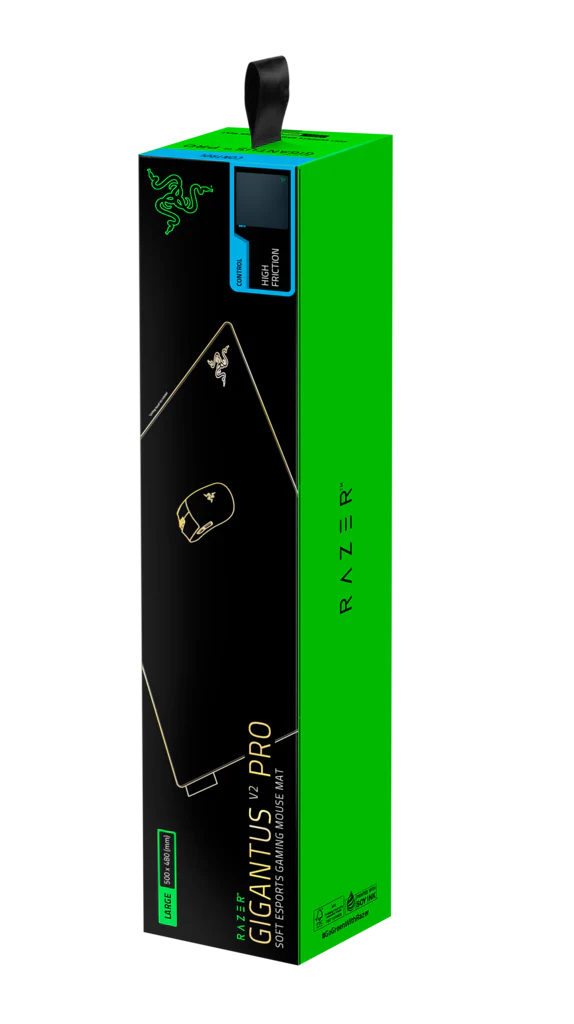 Embalaje de una alfombrilla de ratón para juegos Razer Gigantus V2 Pro, negra con detalles verdes.
