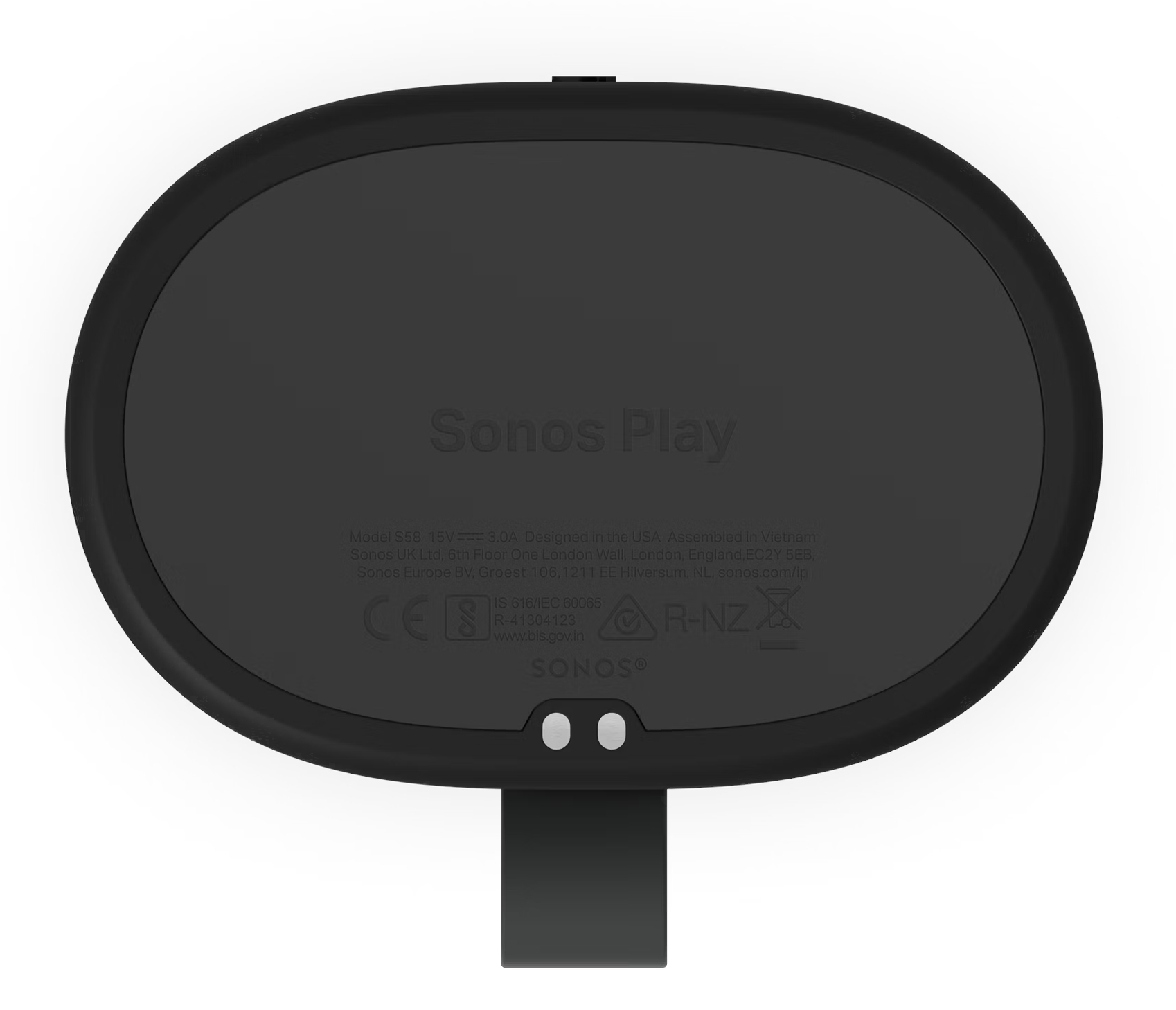 Czarne urządzenie Sonos Play z numerem modelu i certyfikatami na spodzie.