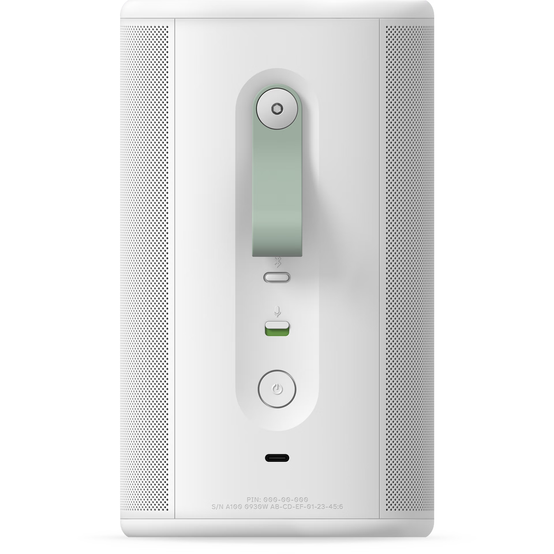 Białe cylindryczne urządzenie z jasnozielonym akcentem. Widoczne przyciski i port USB-C.
