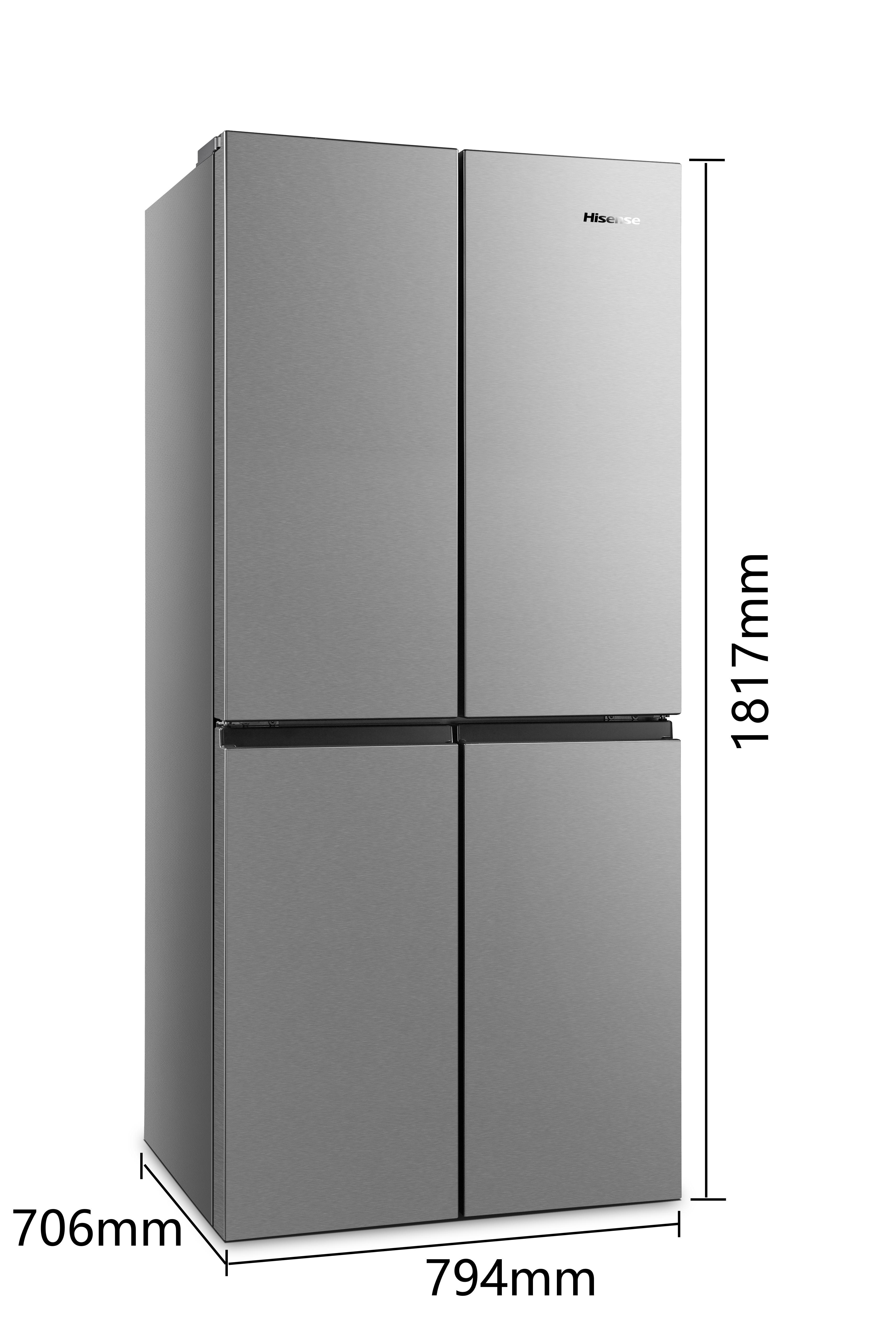 Ein silberner Hisense-Kühlschrank mit vier Türen und Abmessungen.
