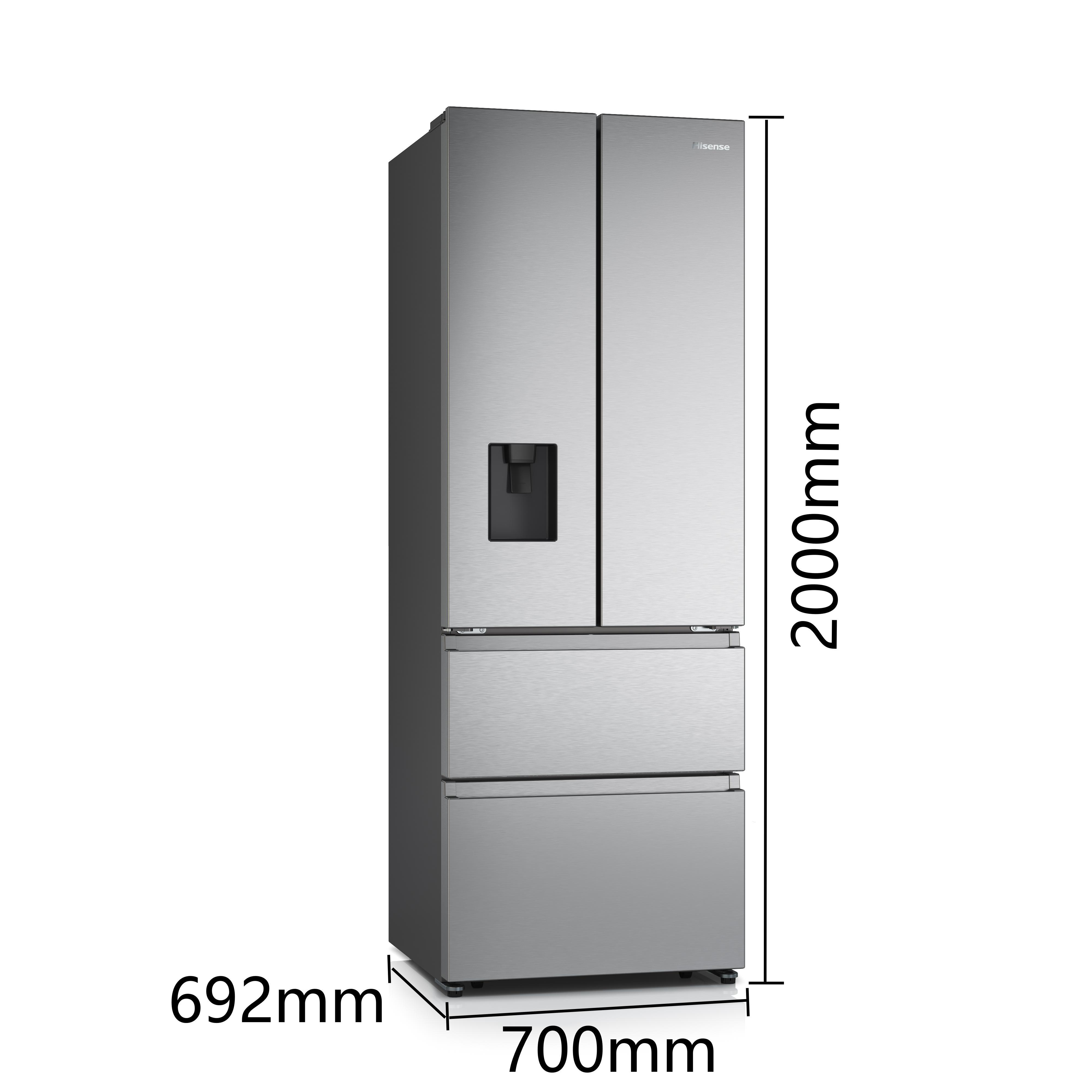 Silberner K ühlschrank mit drei Türen und Wasserspender. Maße: 2000x692x700mm.