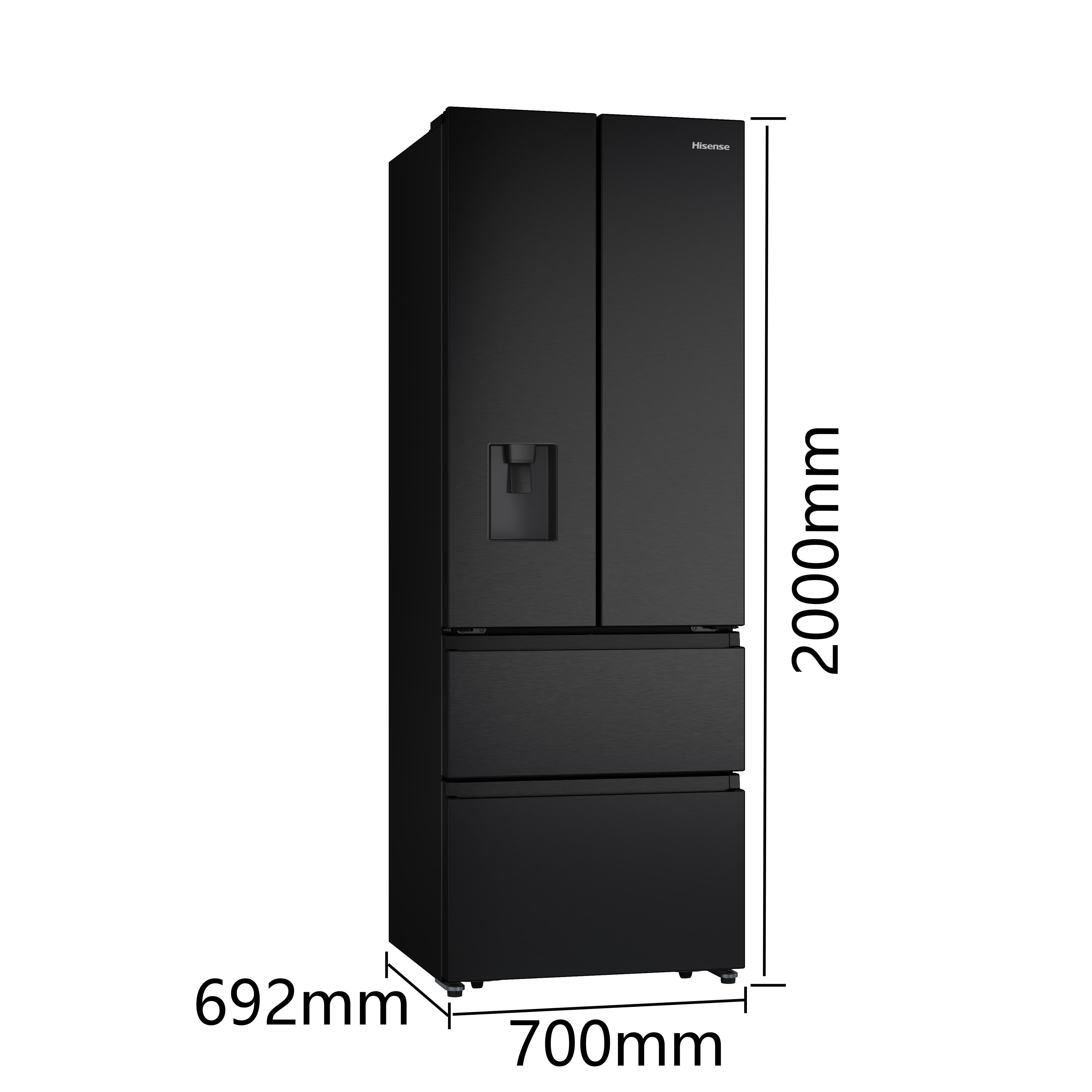 Schwarzer Hisense Kühlschrank mit Wasser-/Eisspender. Maße: 2000x692x700mm.