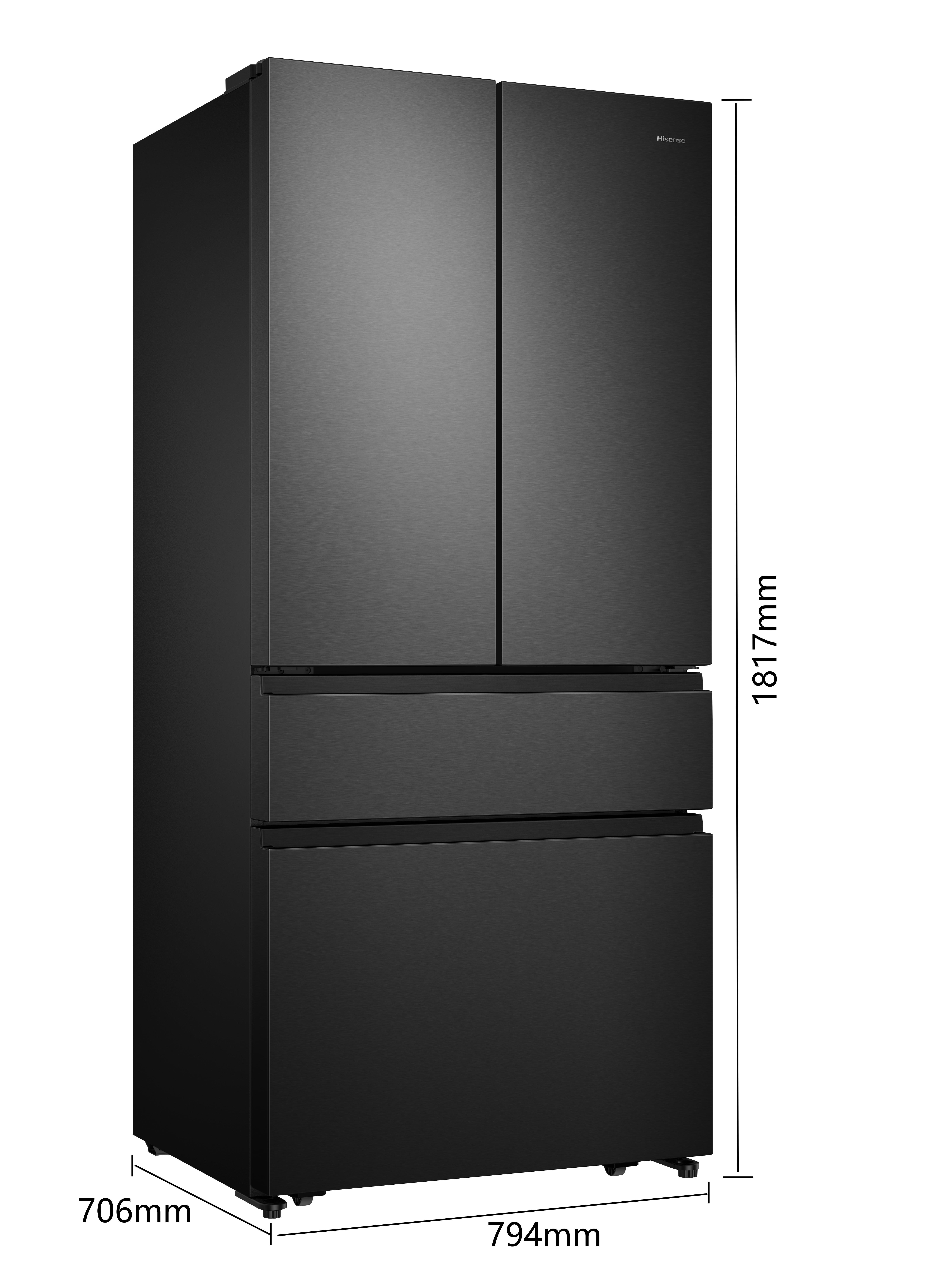 Schwarzer Hisense Kühlschrank mit vier Türen und Schubladen.