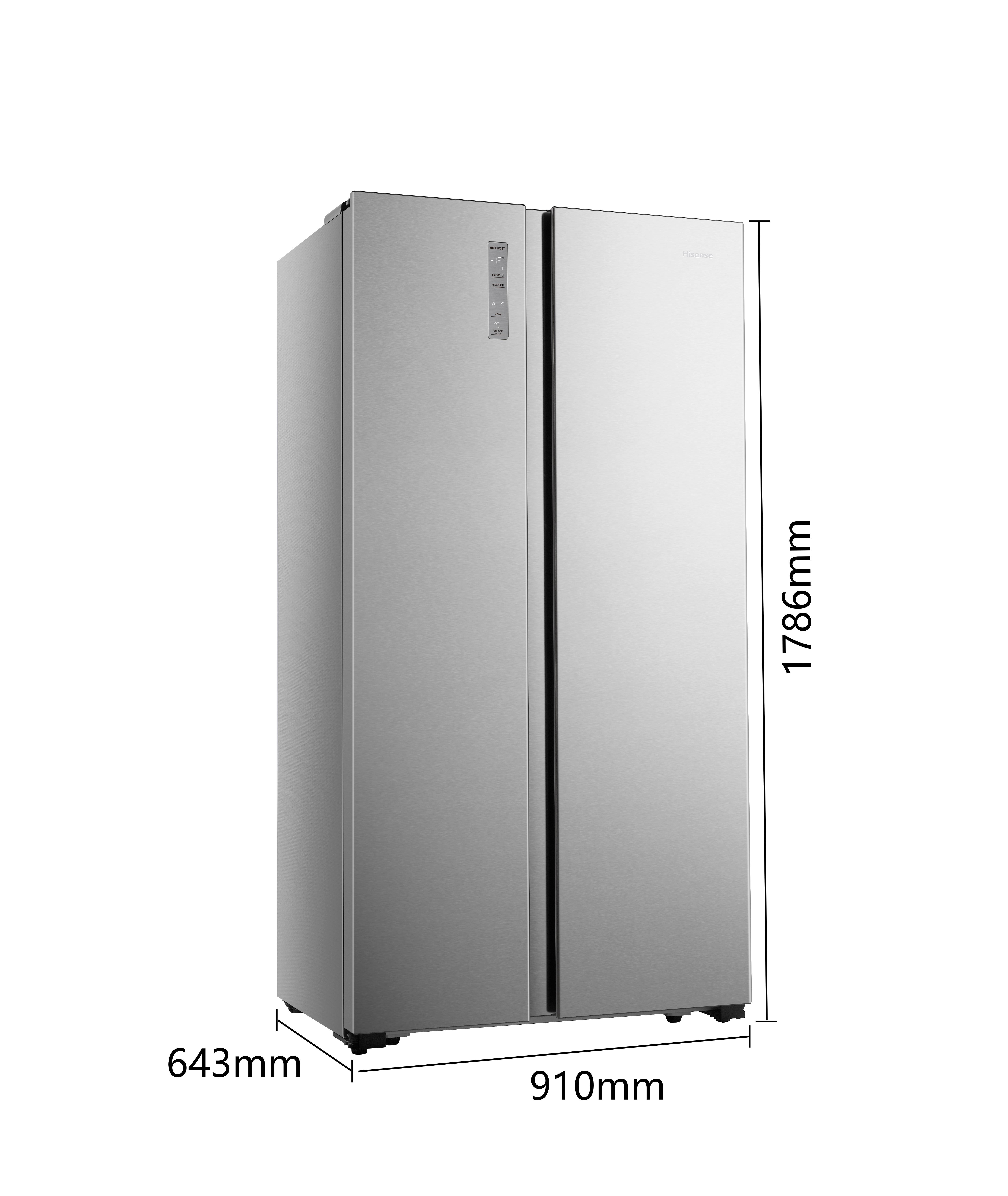 Ein silberner Side-by-Side-Kühlschrank mit digitalen Bedienelementen und Maßen.