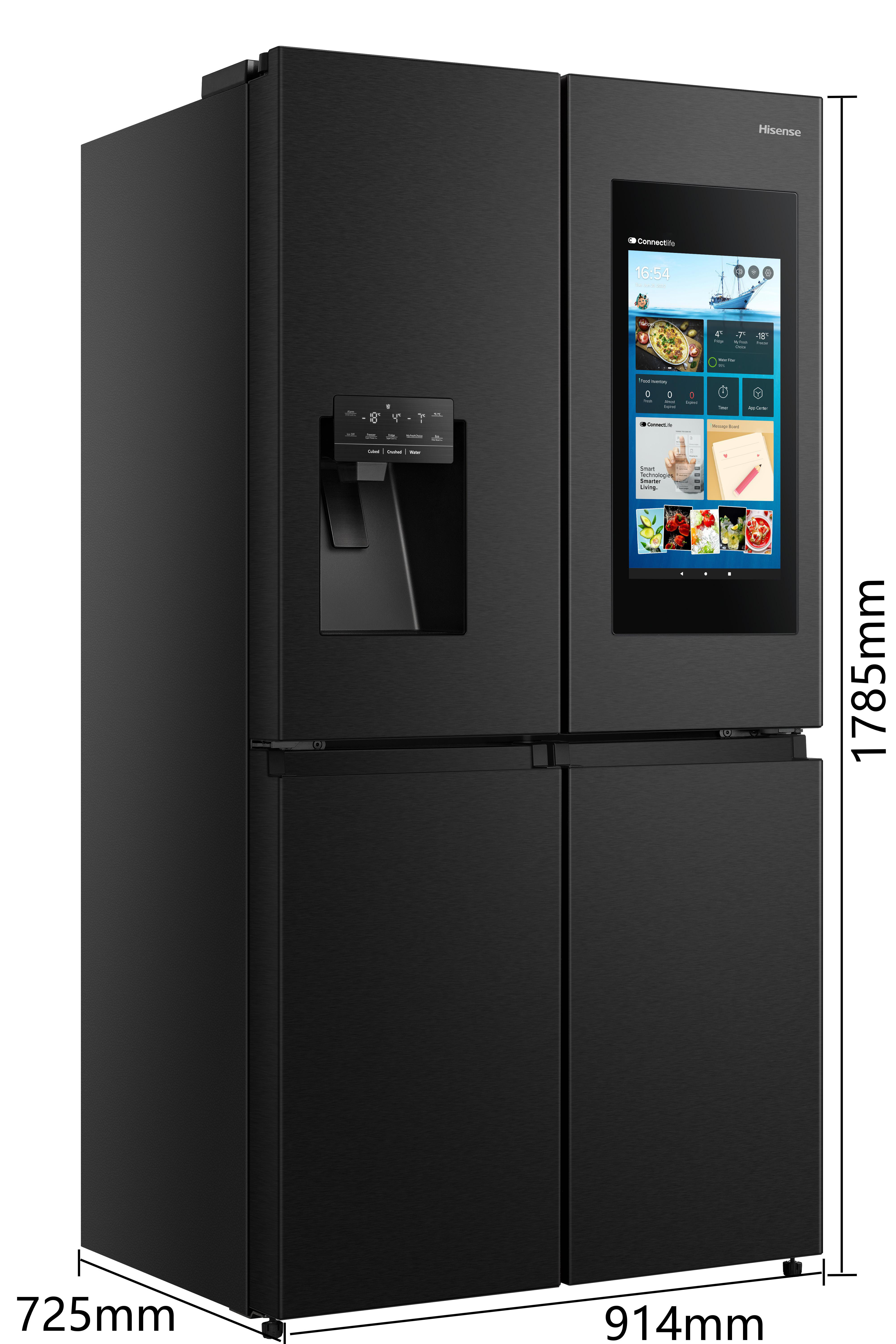 Schwarzer Hisense Kühlschrank mit Touchscreen und Wasserspender. Maße angezeigt.