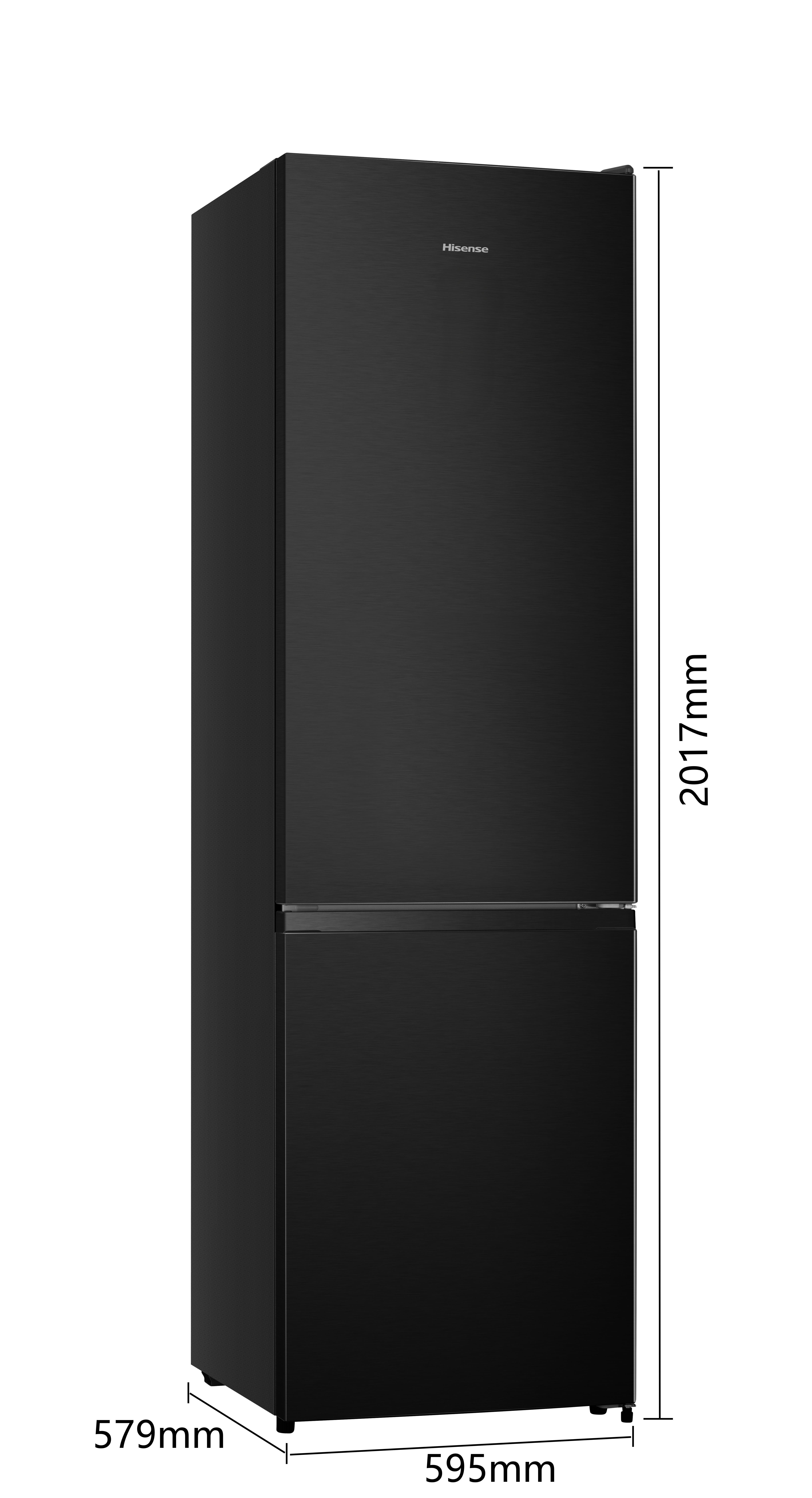 Schwarzer Hisense-Kühlschrank mit zwei Türen und silbernen Griffen. Maße angegeben.
