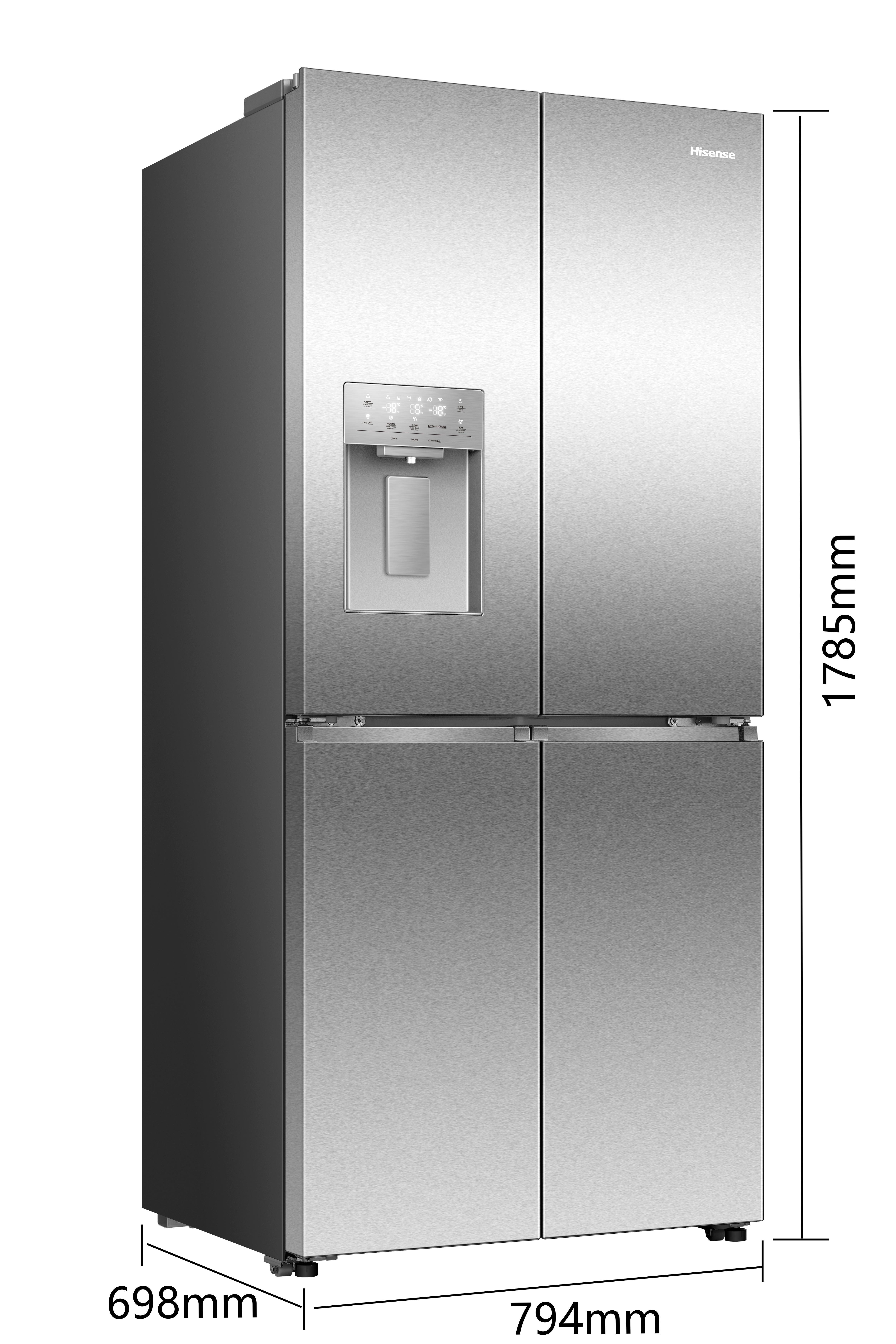 Ein silberner Kühlschrank mit vier Türen, Wasserspender und digitaler Anzeige.
