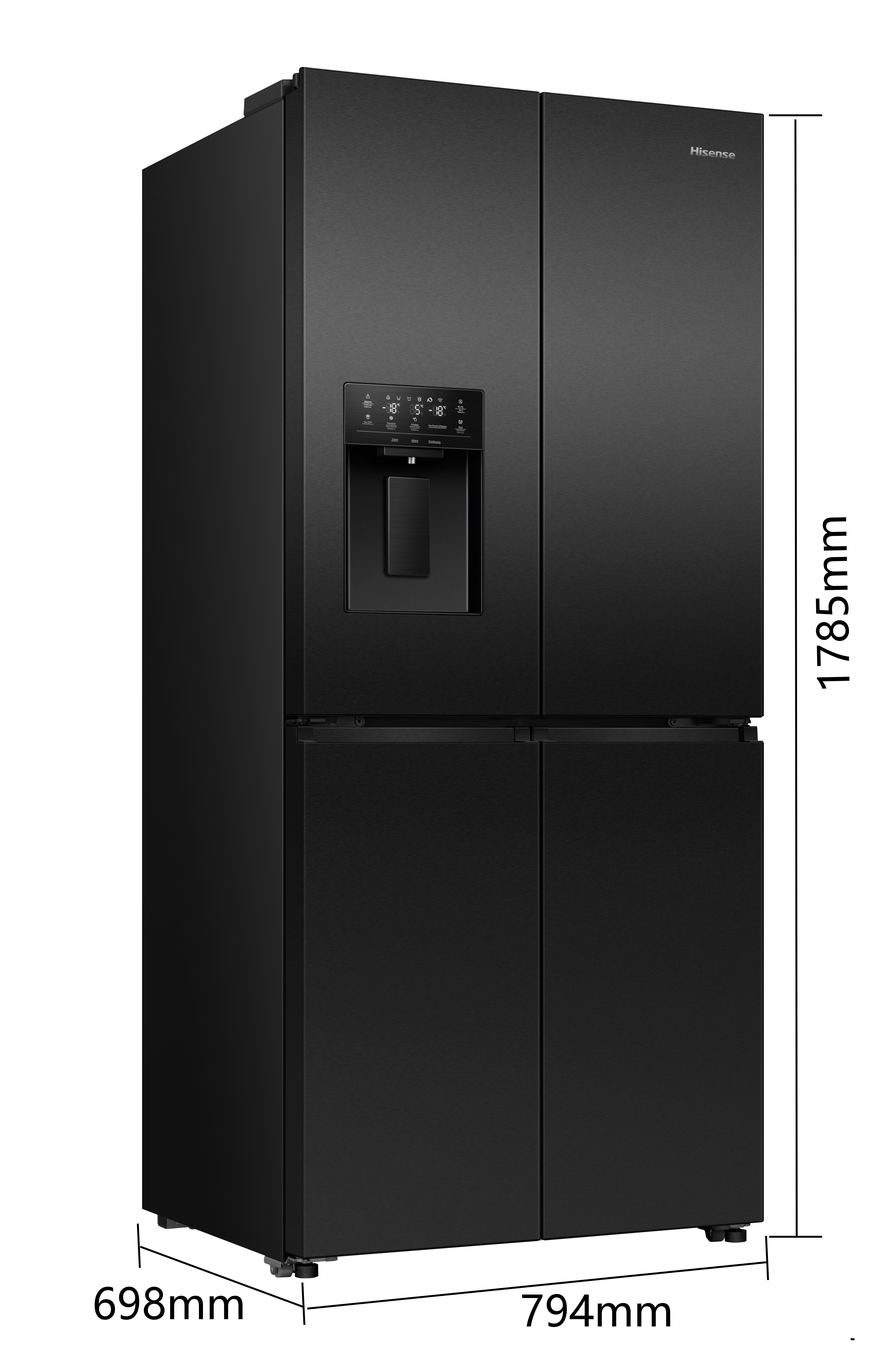Schwarzer Kühlschrank mit vier Türen, Wasserspender und digitaler Anzeige.