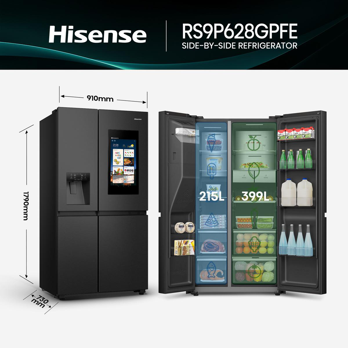 Schwarzer Hisense-Kühlschrank mit Touchscreen, offen, mit Lebensmitteln gefüllt.