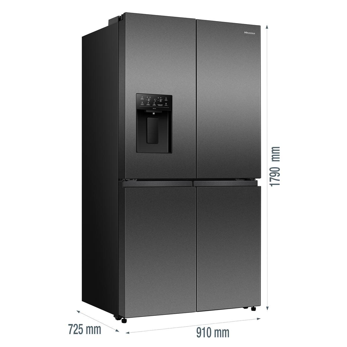 Ein schwarzer Hisense Kühlschrank mit vier Türen, Wasserspender und digitalen Anzeigen.