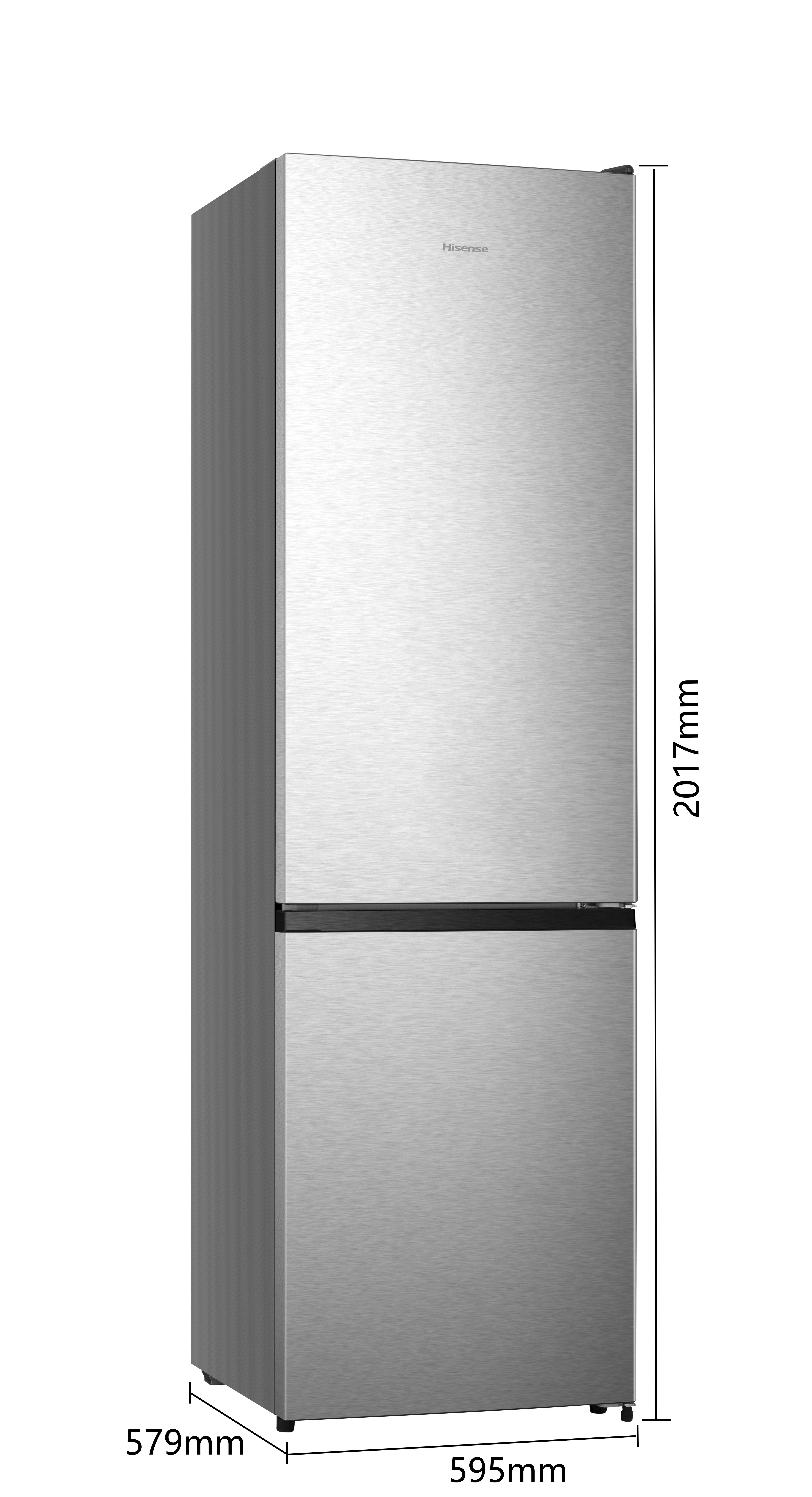 Ein silberner Hisense Kühlschrank mit zwei Türen, Höhe 2017mm, Tiefe 579mm, Breite 595mm.