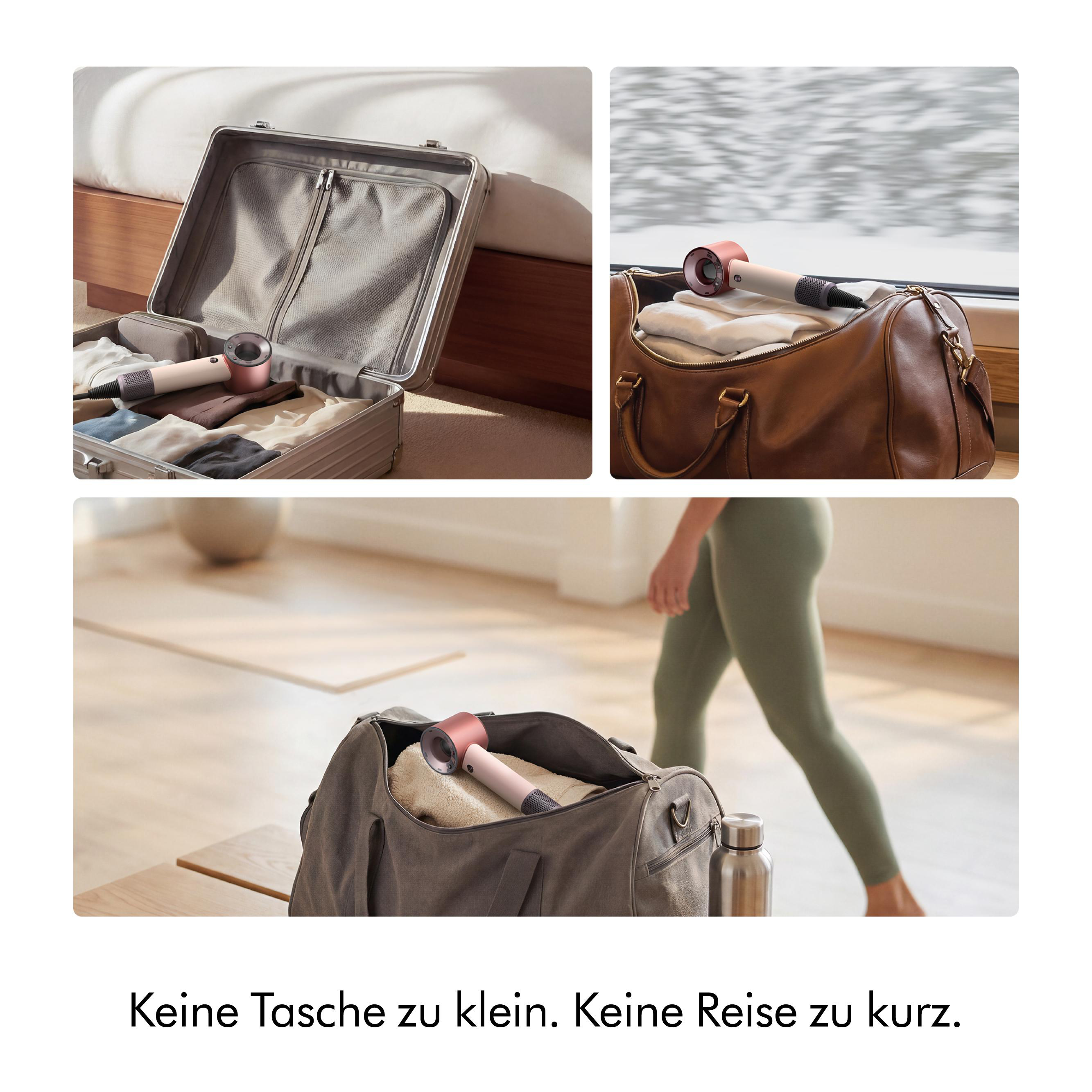 Ein Reisefön in einer Tasche, der für Reisen gepackt wird.