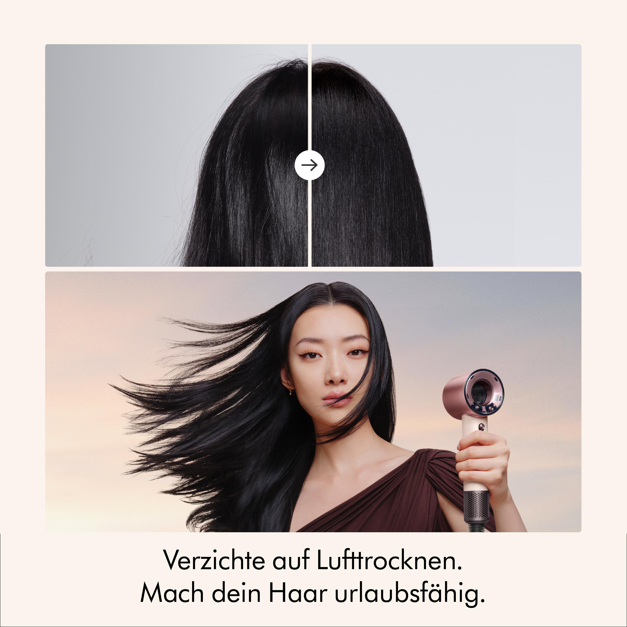 Vergleich von Haartexturen, Frau mit Föhn und Make-up.