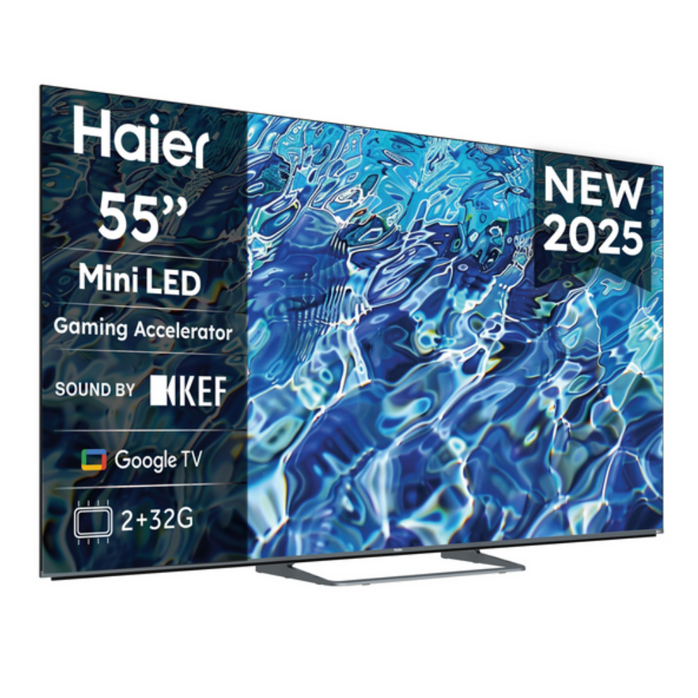 Un televisor Haier Mini LED de 55 pulgadas con acelerador de juegos, sonido KEF y Google TV.