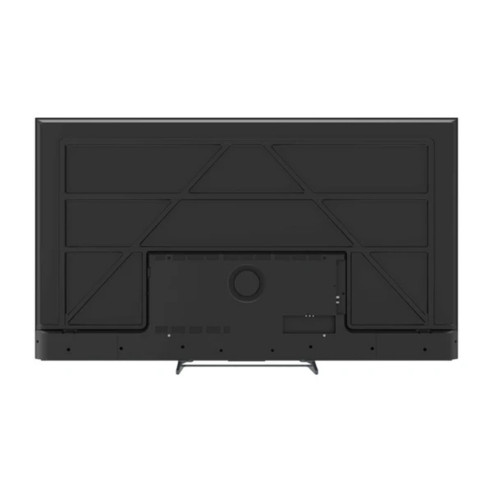 Parte trasera de un televisor negro con soporte. Diseño enmarcado.