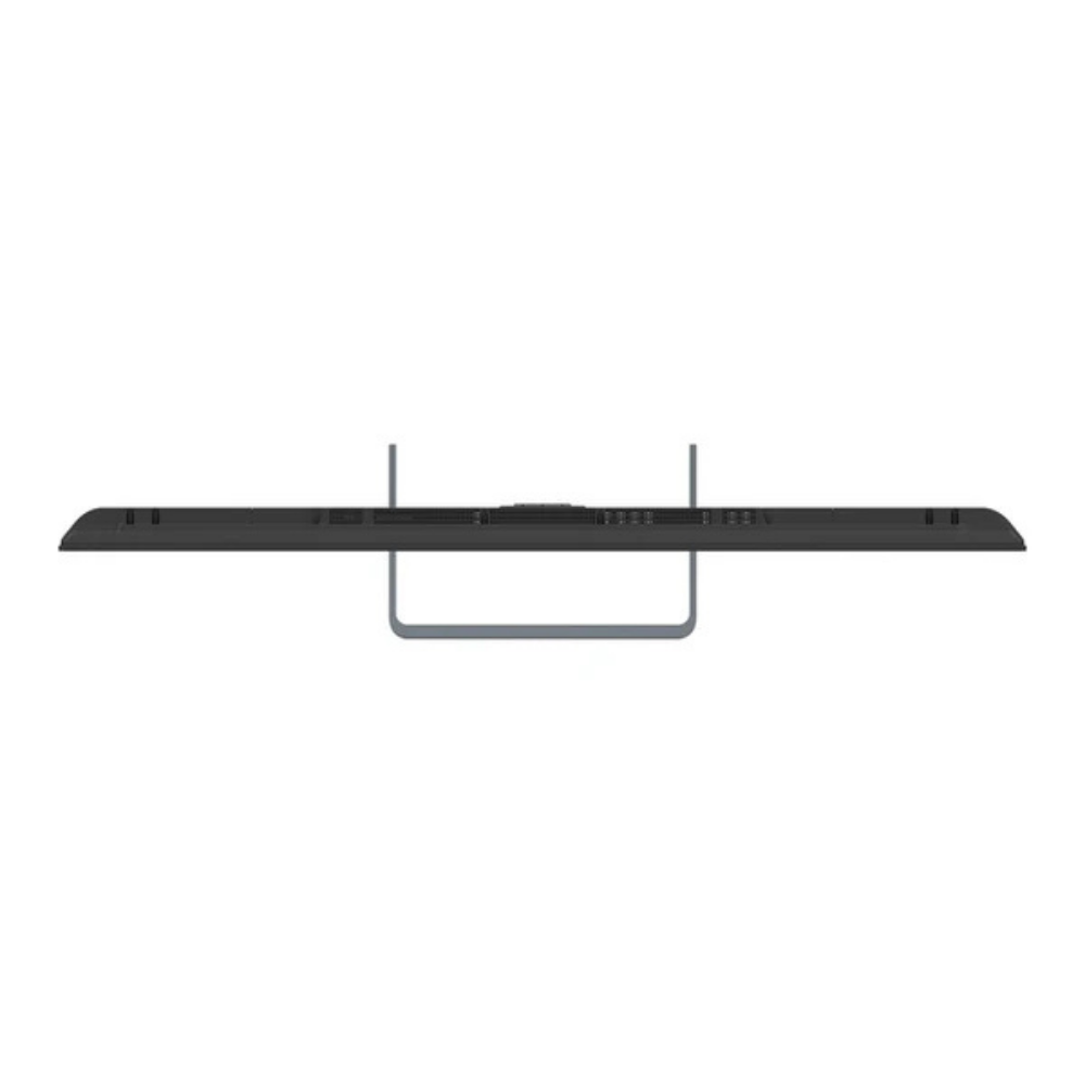 Un televisor negro con soporte en forma de U, visto desde arriba.