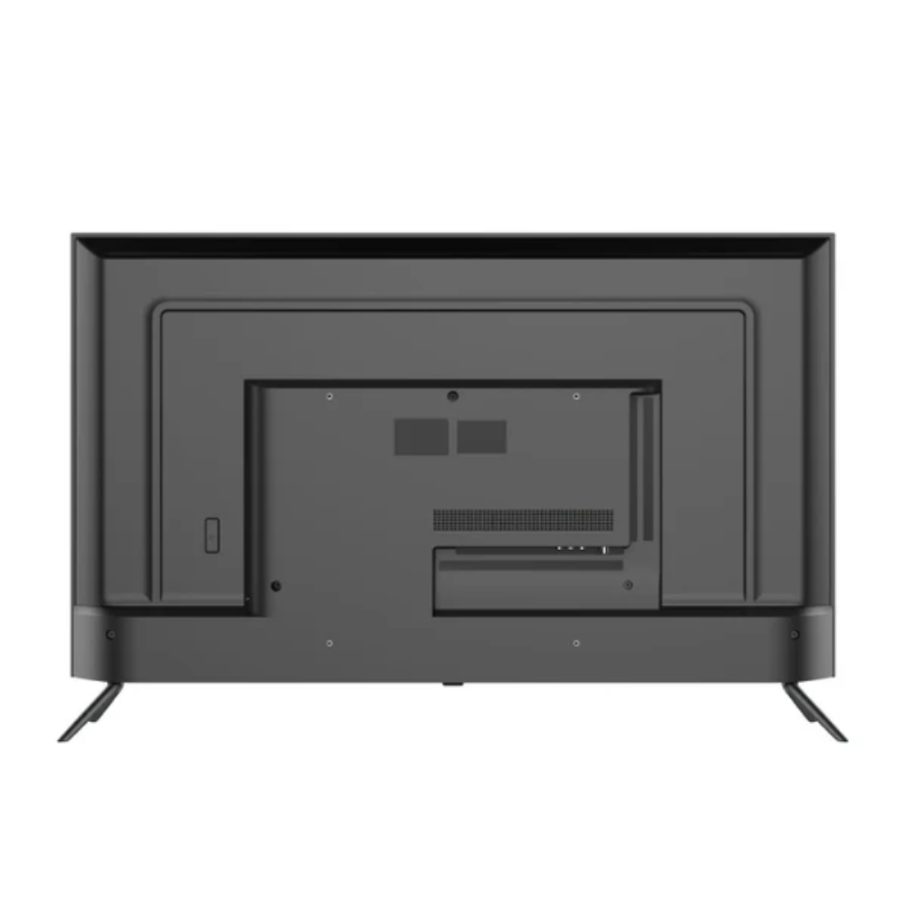 Vista trasera de un televisor negro con patas y puertos.