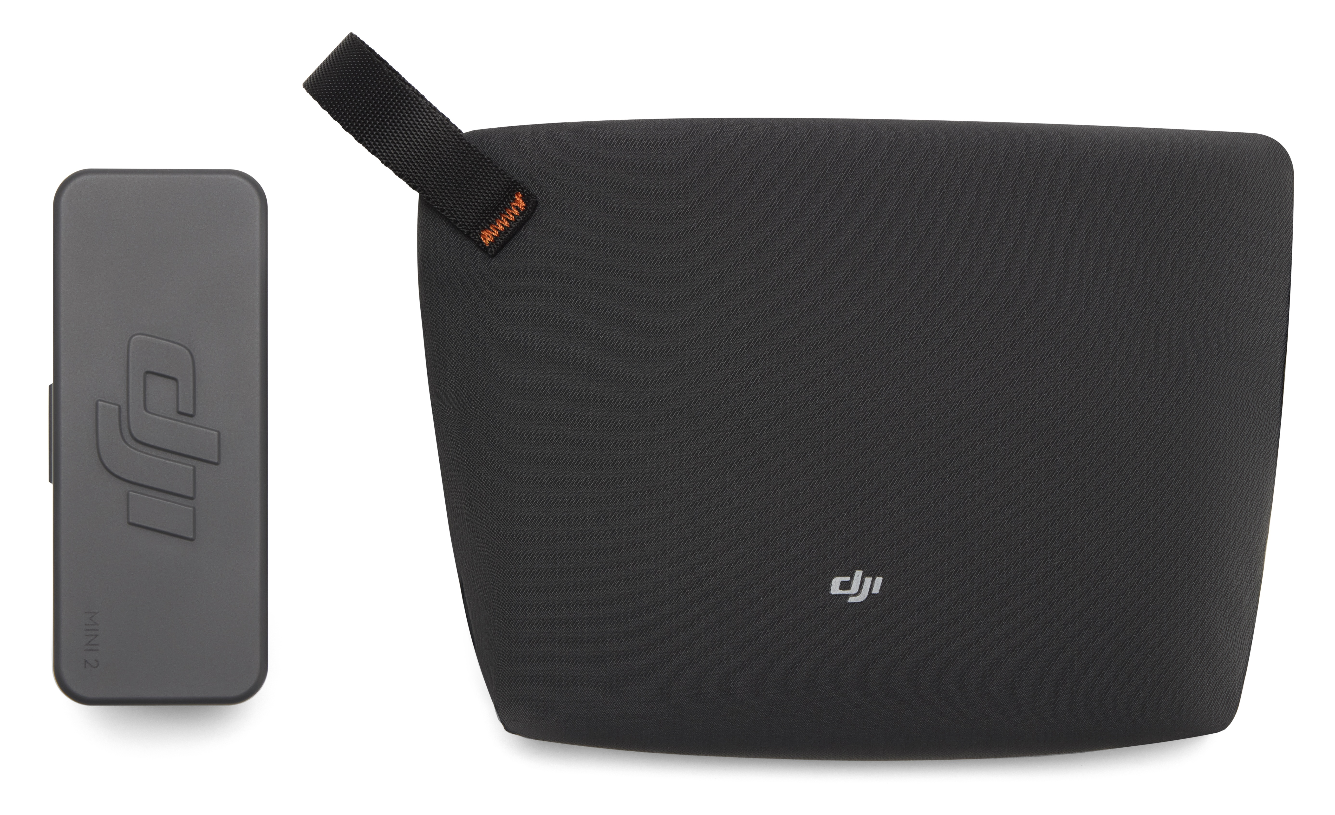 Szara torba DJI Mini 2 i czarna torba materiałowa z logo DJI.