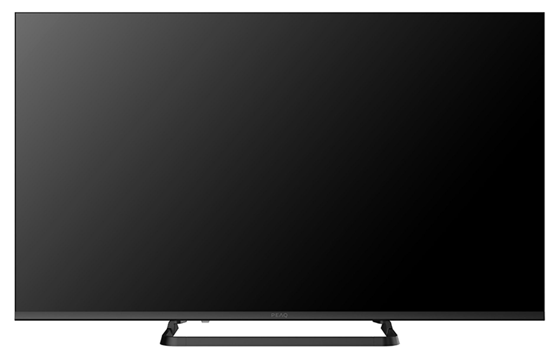 Czarny telewizor z płaskim ekranem i wąską podstawą.