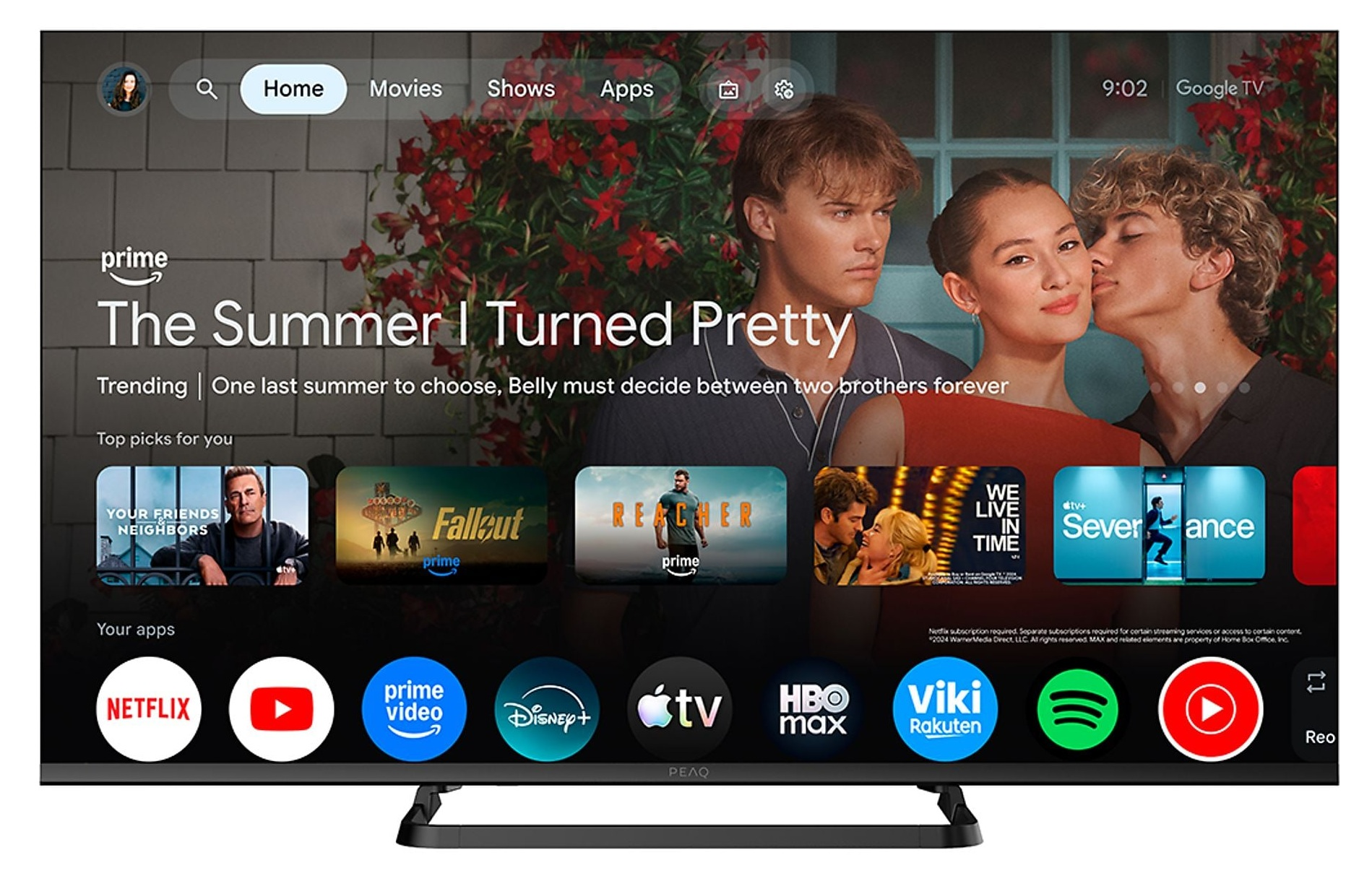 Ekran telewizora wyświetla interfejs Google TV z filmami i aplikacjami.