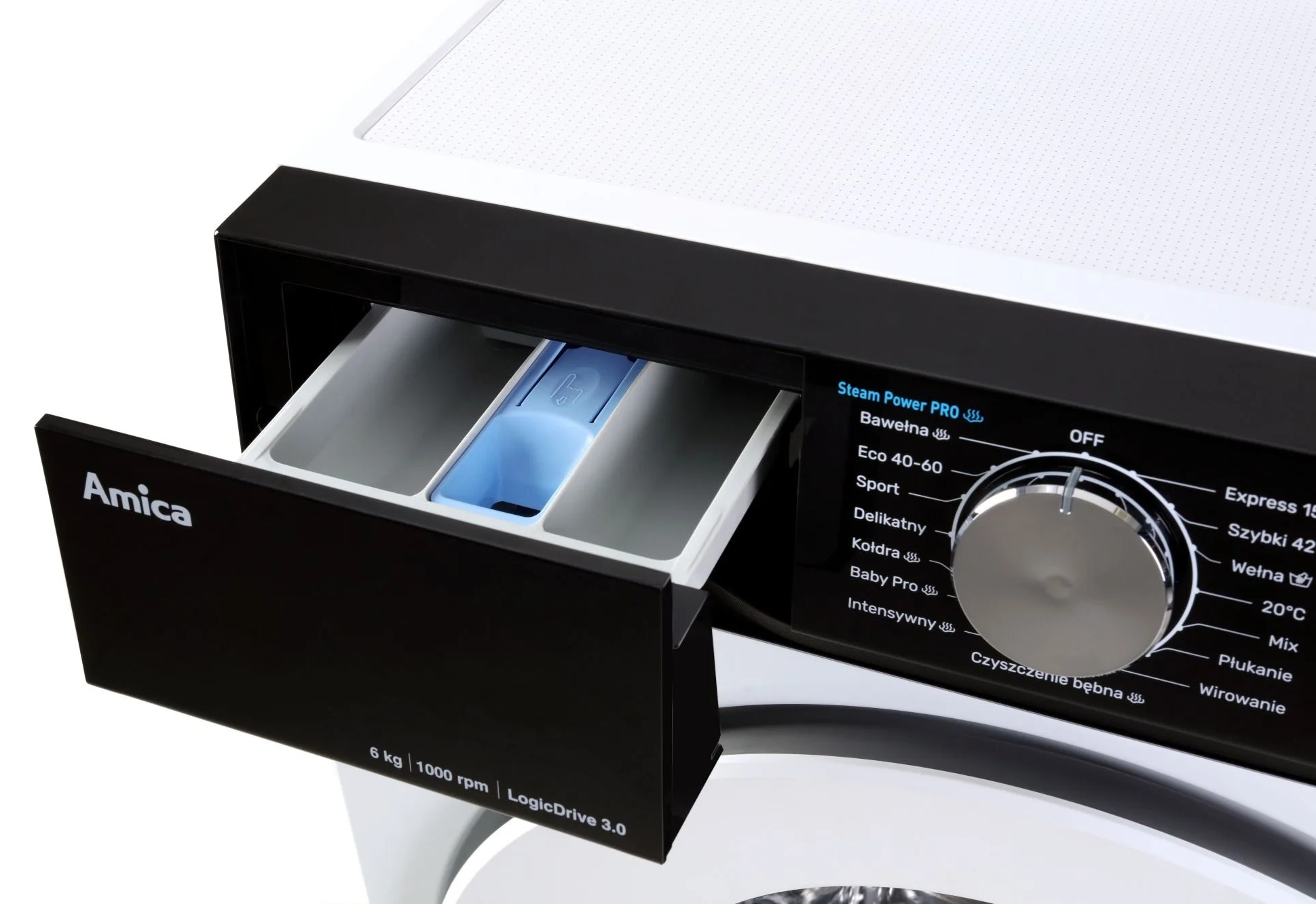 Pralka z wysuniętą szufladą na detergenty i widocznym panelem sterowania.