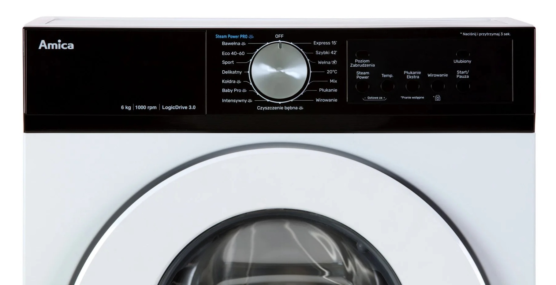 Widok z przodu białej pralki Amica z czarnym panelem sterowania.