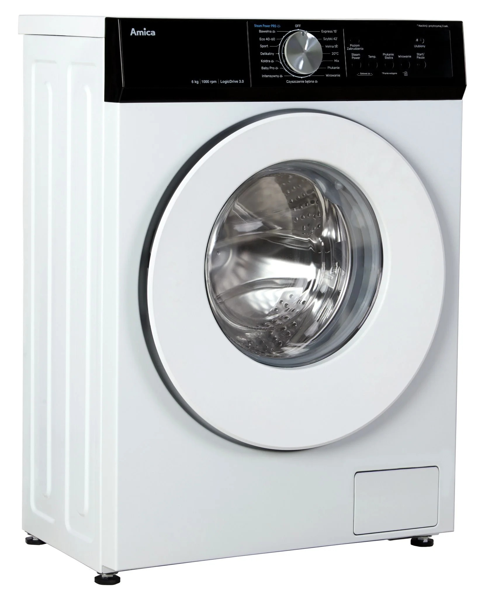 Biała pralka Amica z czarnym panelem sterowania i okrągłymi drzwiami.