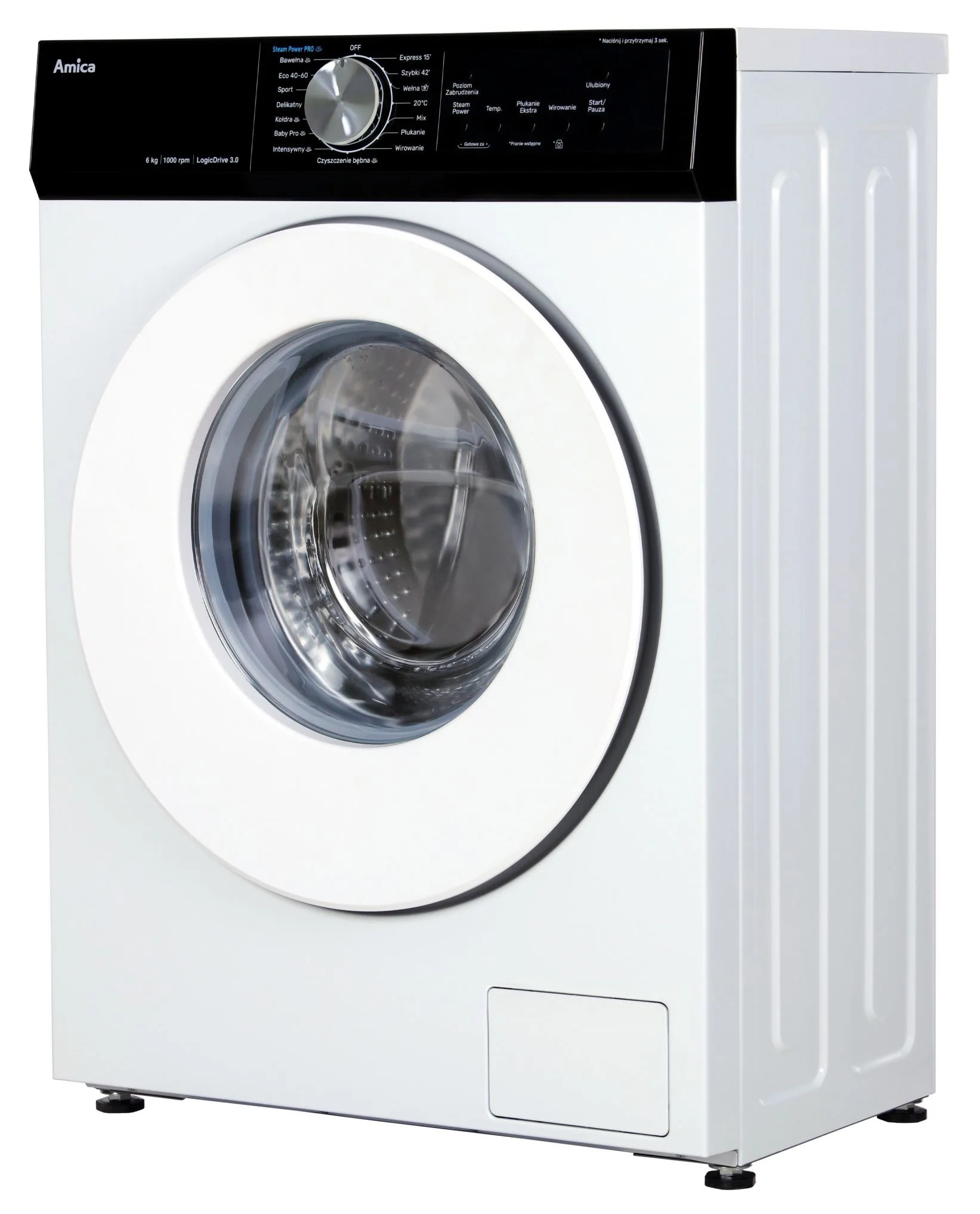 Biała pralka Amica z czarnym panelem sterowania i okrągłymi drzwiami.
