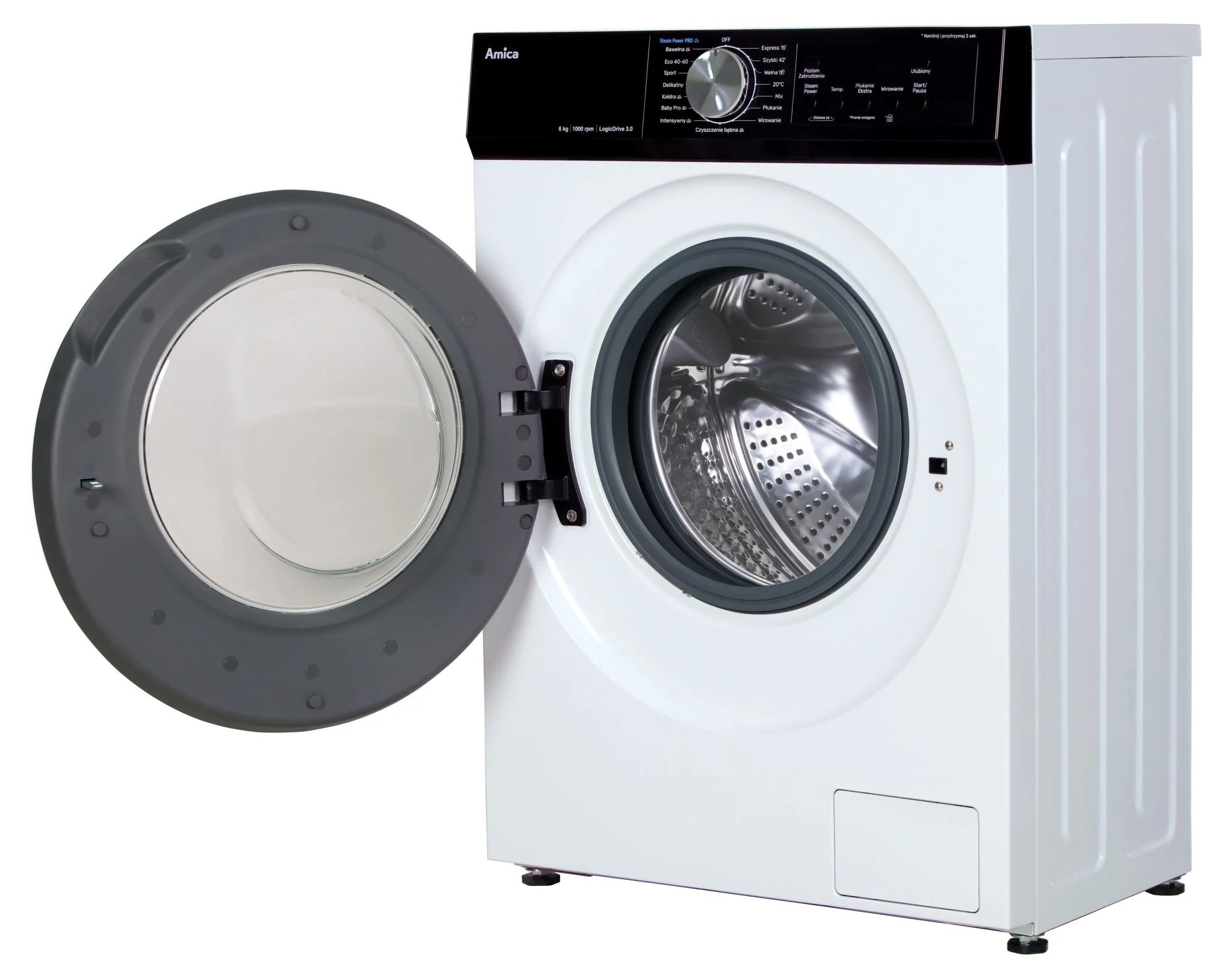 Biała pralka z otwartymi drzwiami, czarnym panelem sterowania i srebrnym bębnem.