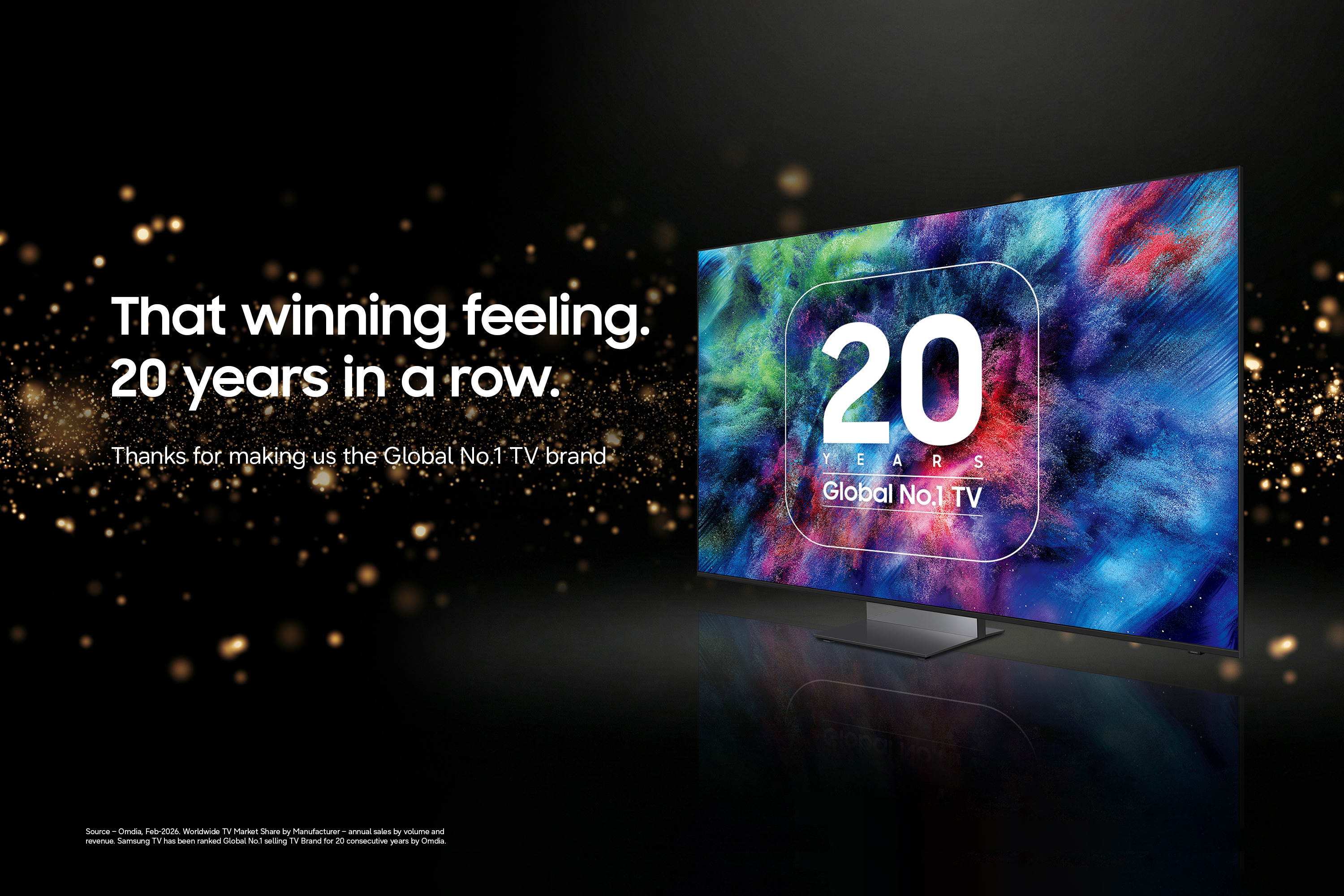 Ein moderner Fernseher mit der Aufschrift "20 Jahre Global Nr.1 TV" auf schwarzem Hintergrund.