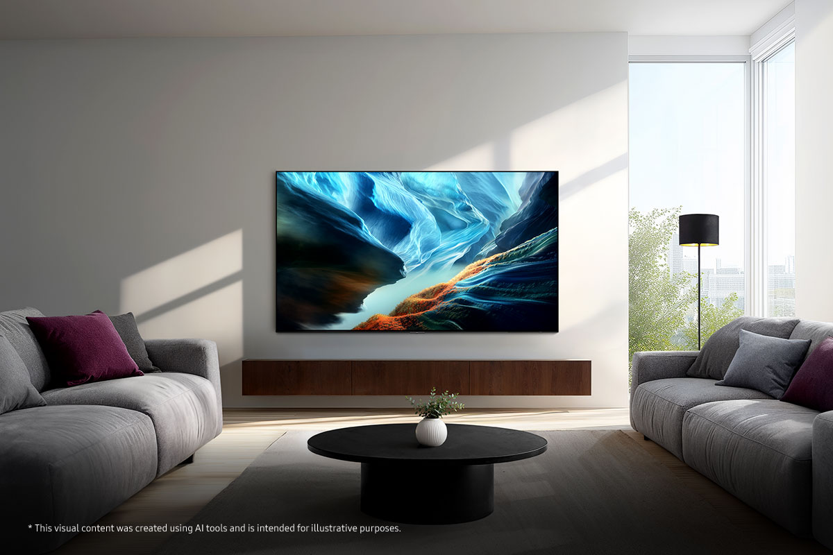 Ein modernes Wohnzimmer mit zwei Sofas, einem Couchtisch und einem großen Fernseher.