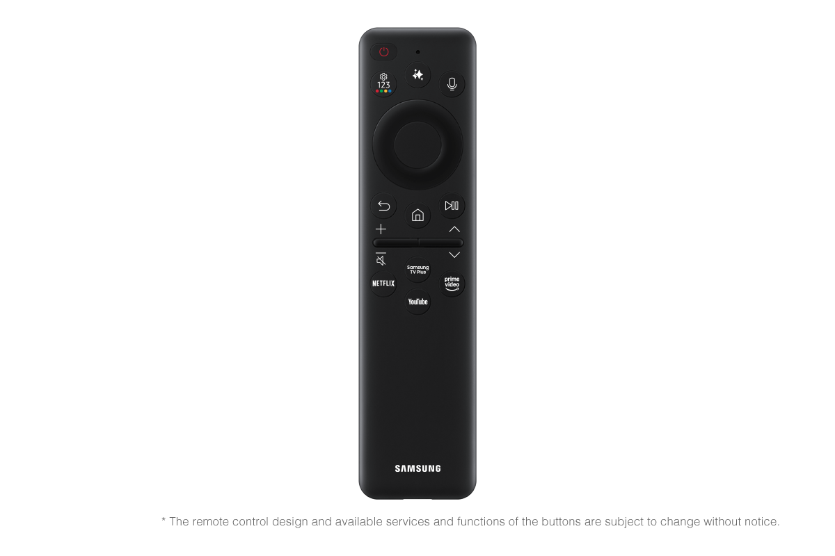 Schwarze Samsung TV-Fernbedienung mit Navigationstasten und App-Shortcuts.