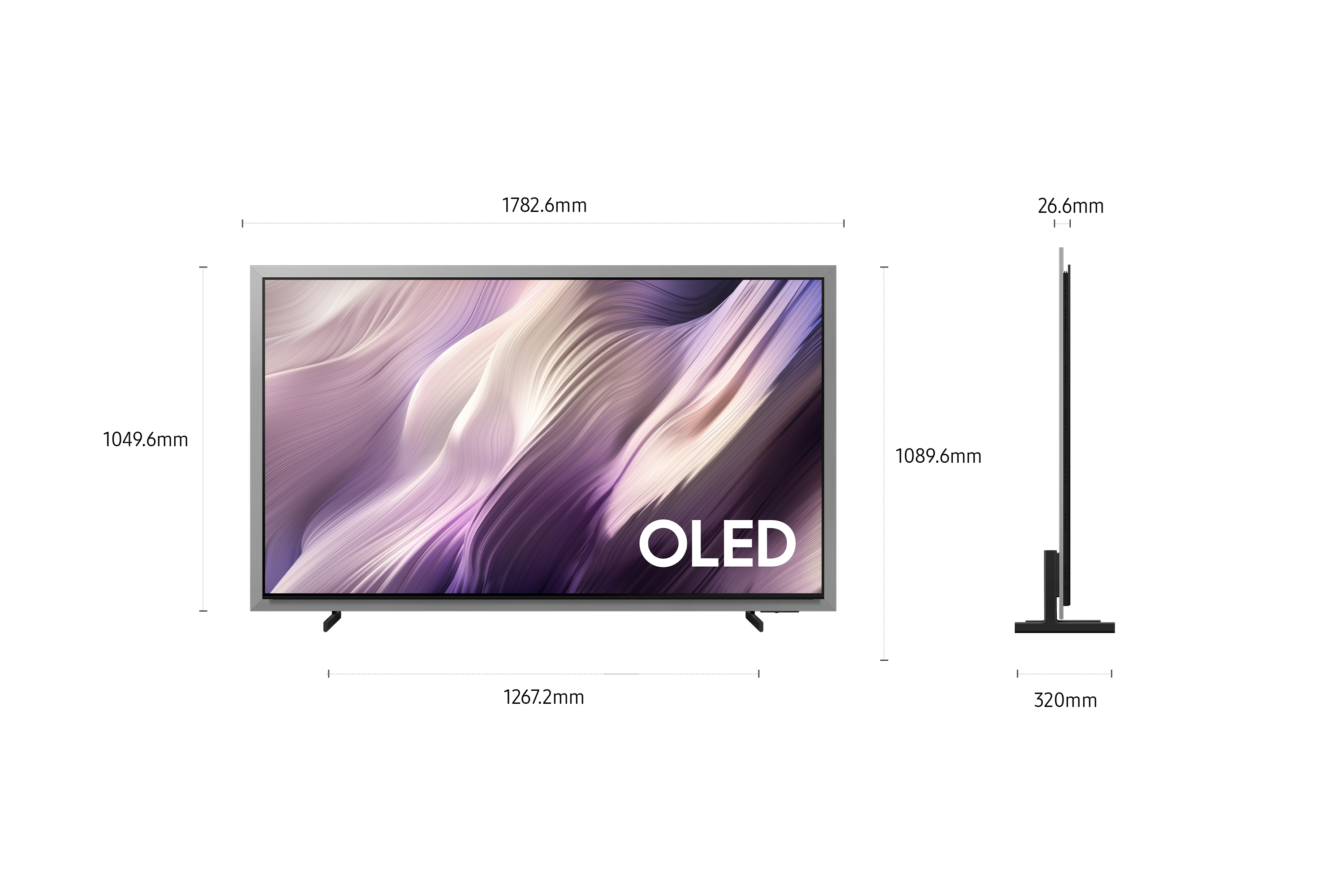 Ein schlankes OLED-Display mit silbernem Rahmen, das die Maße zeigt.