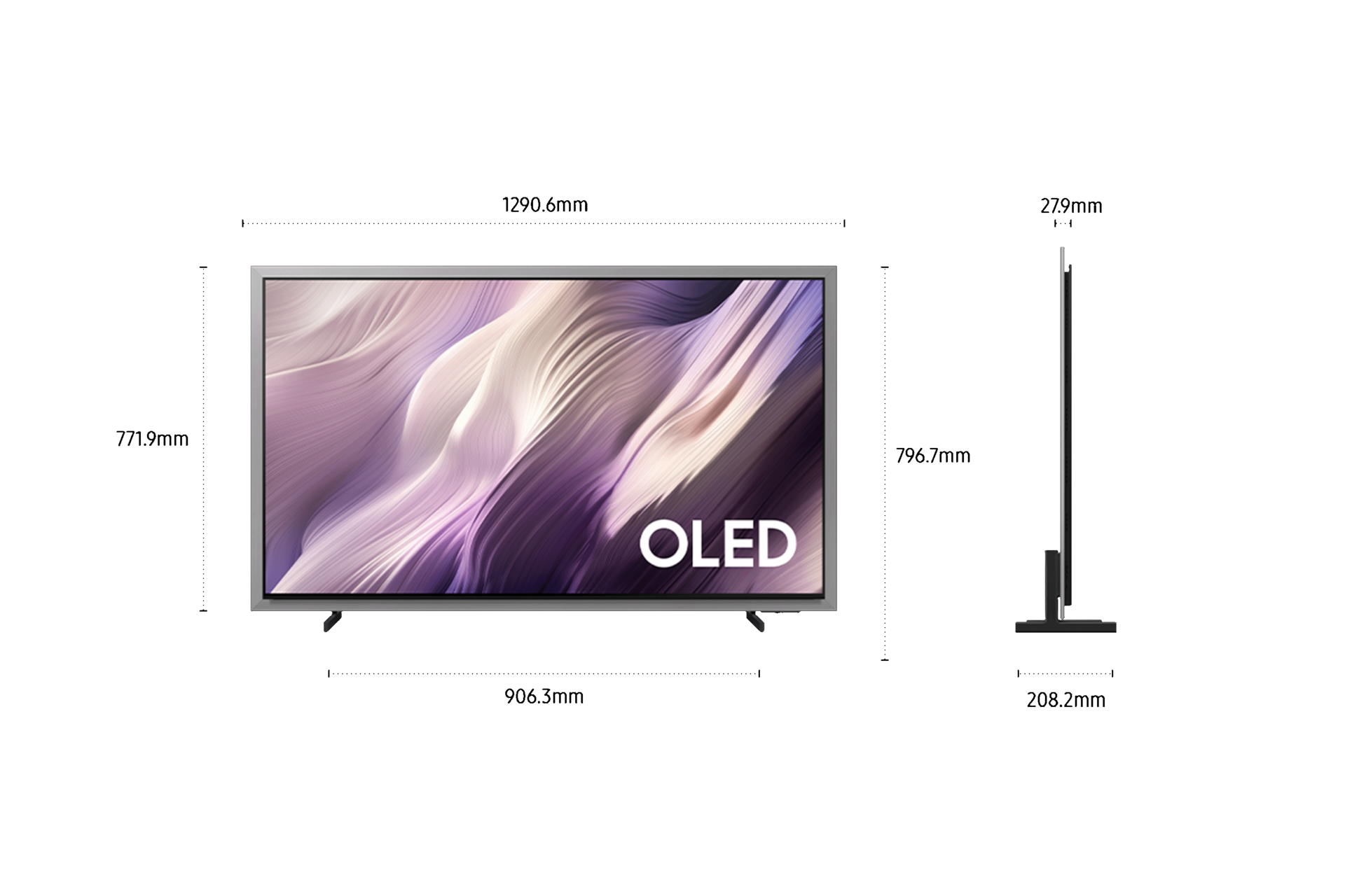 Ein schlankes OLED-Fernsehgerät mit einem abstrakten, wellenförmigen Hintergrund und einem silbernen Rahmen.