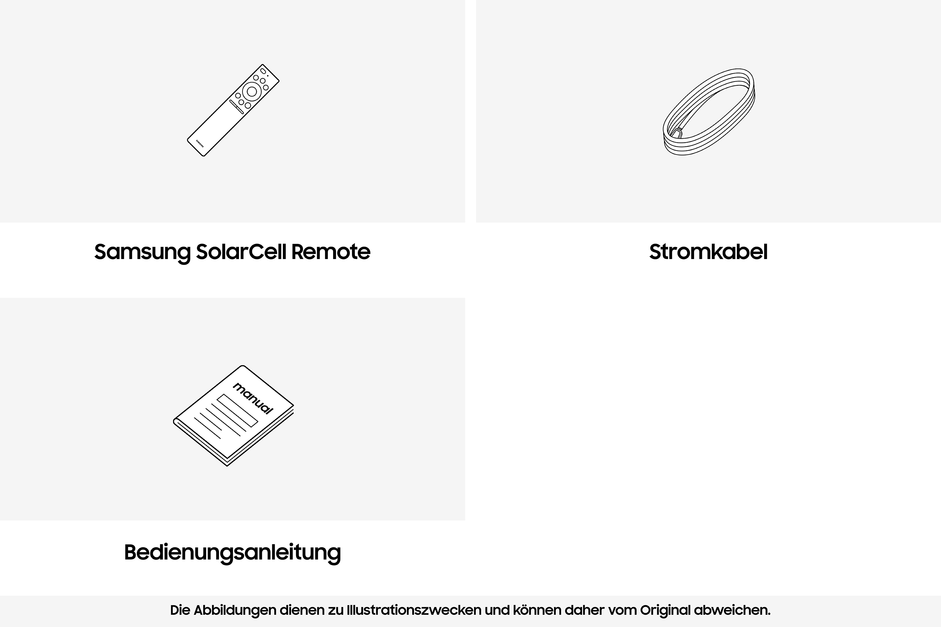 Télécommande Samsung SolarCell, câble d'alimentation et manuel.